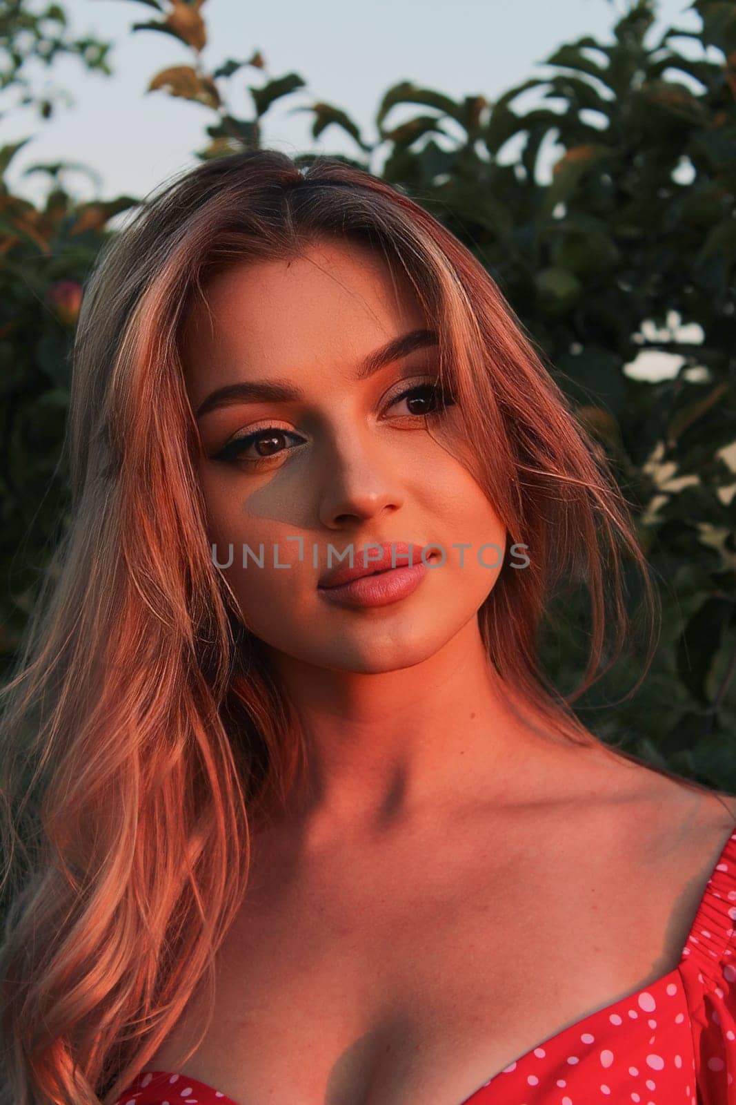 Beautiful sexy attractive girl enlightened by sunset.