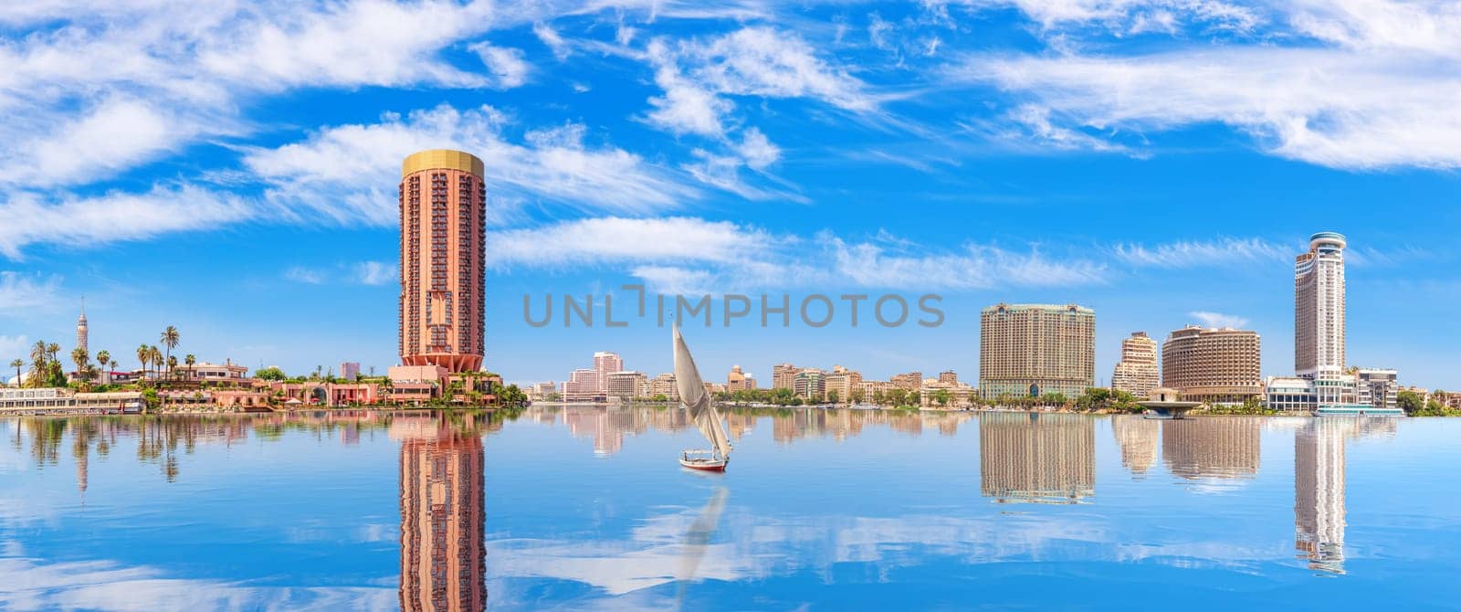 Nile river full panorama, view on the most famous district of Cairo, Egypt.