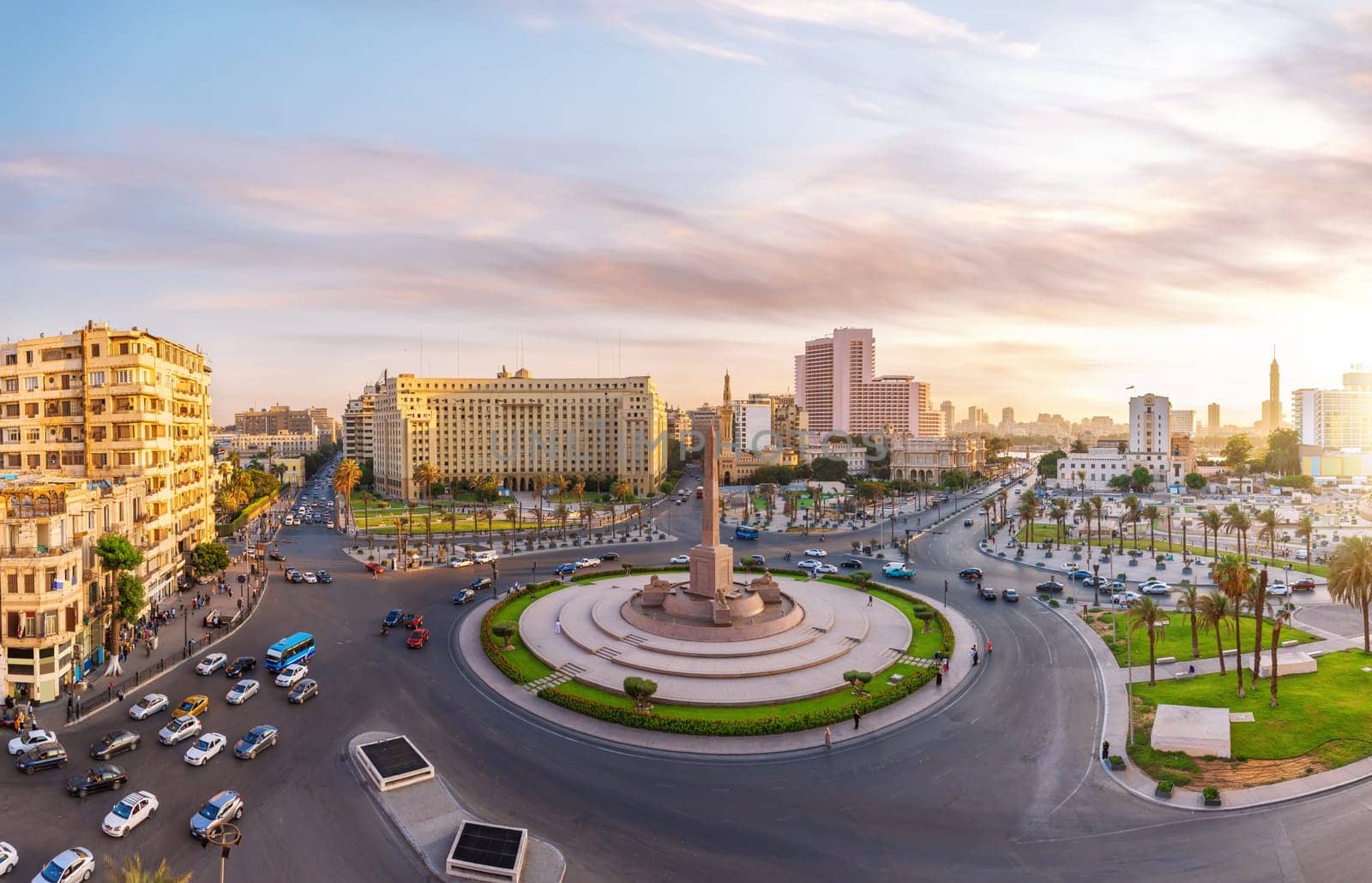 Exclusive full panorama of Tahrir square, famous place in the centre of Cairo, Egypt.