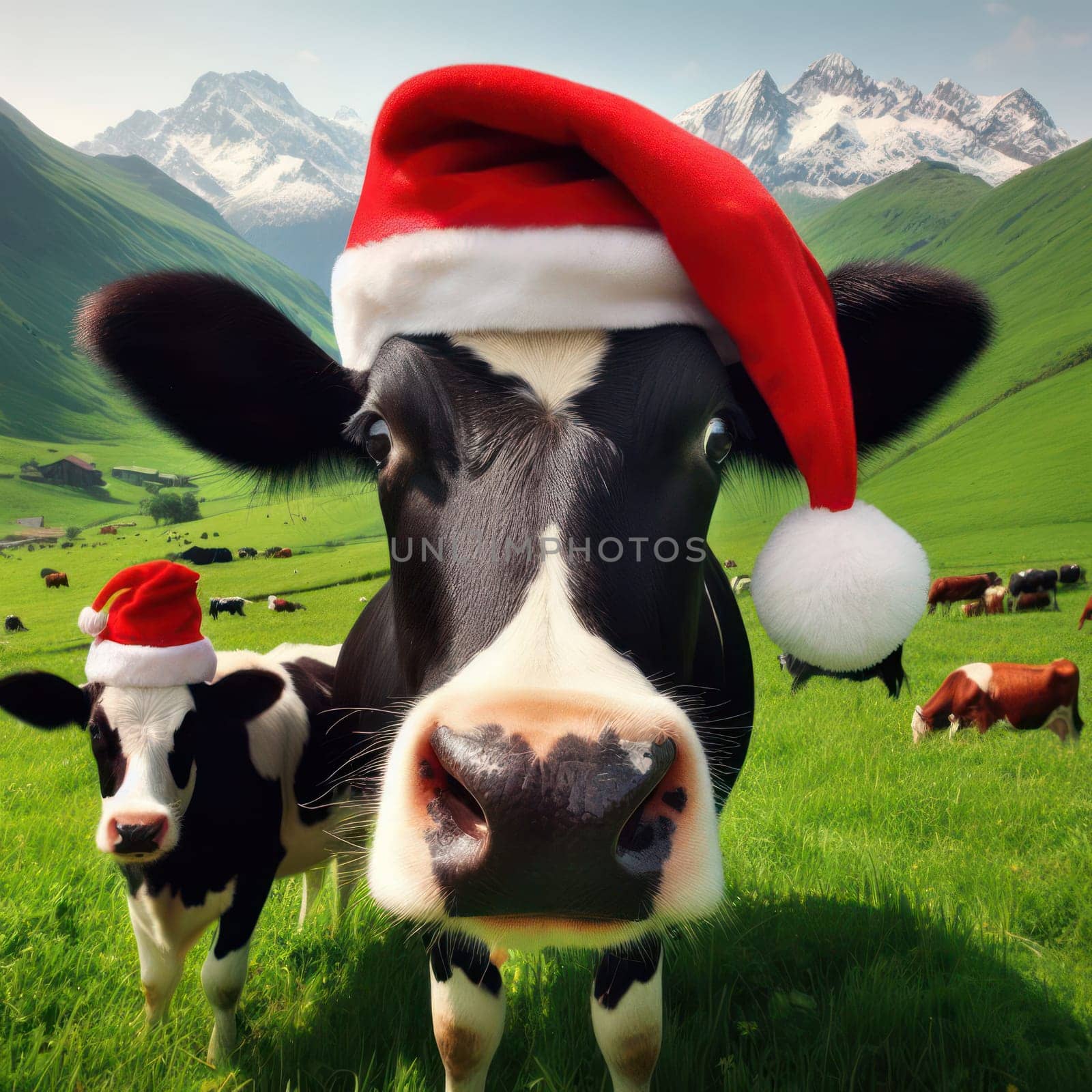 comical image of cow in the field wearing santa hat generative ai