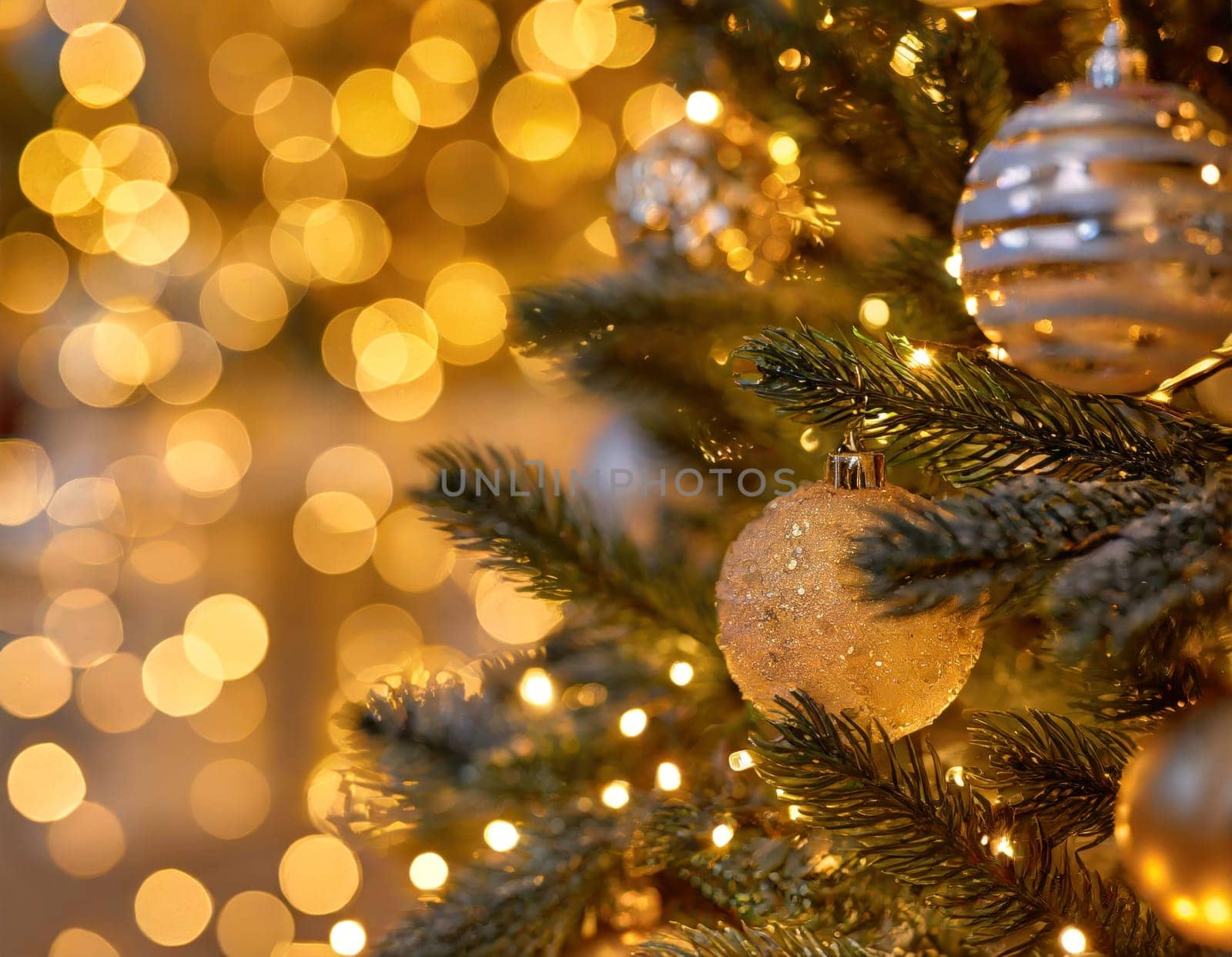 christmas tree closeup with bokeh lights copyspace generative ai