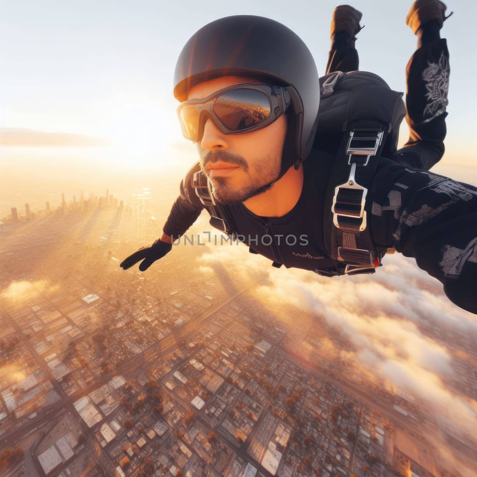 close up selfie of person skydiving above a city generative ai