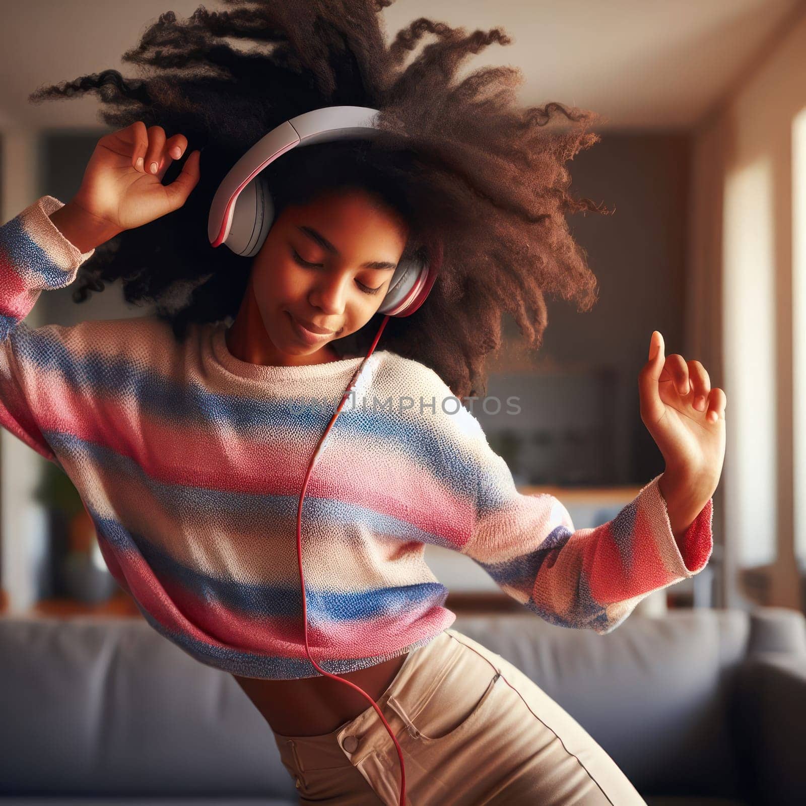 teenage girl listening and dancing to music with headphones at home  generative ai