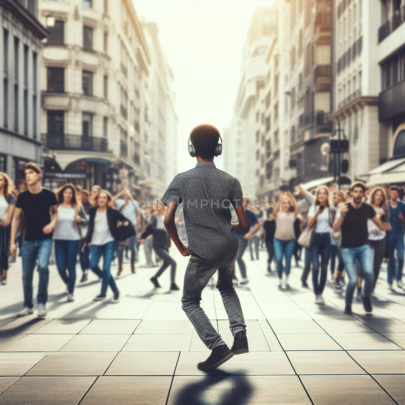 teenage boy listening to music on headphones and dancing in the street generative ai
