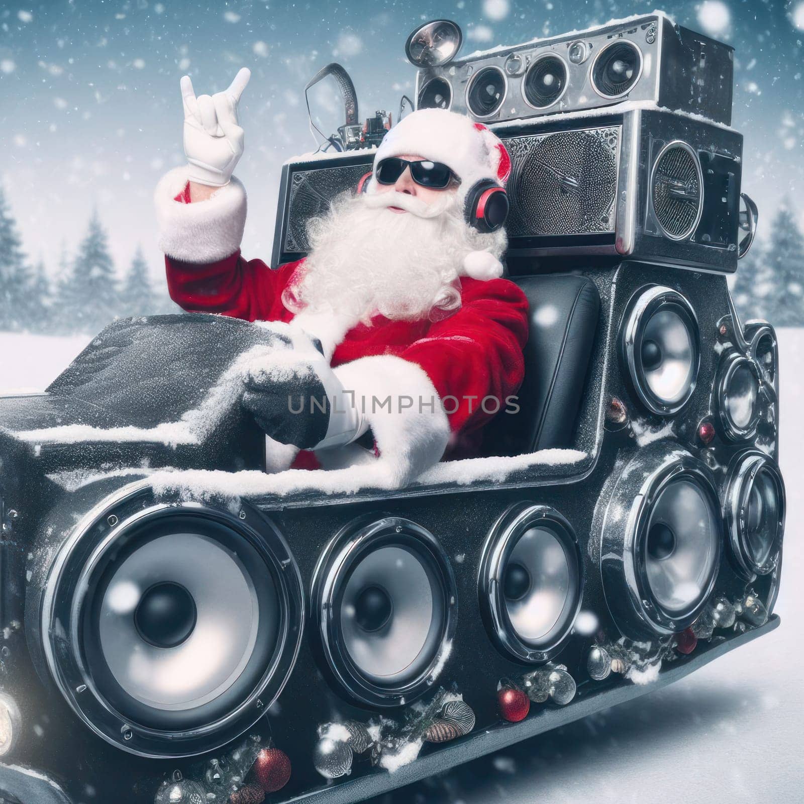santa with a massive sound system riding in the sleigh generative ai