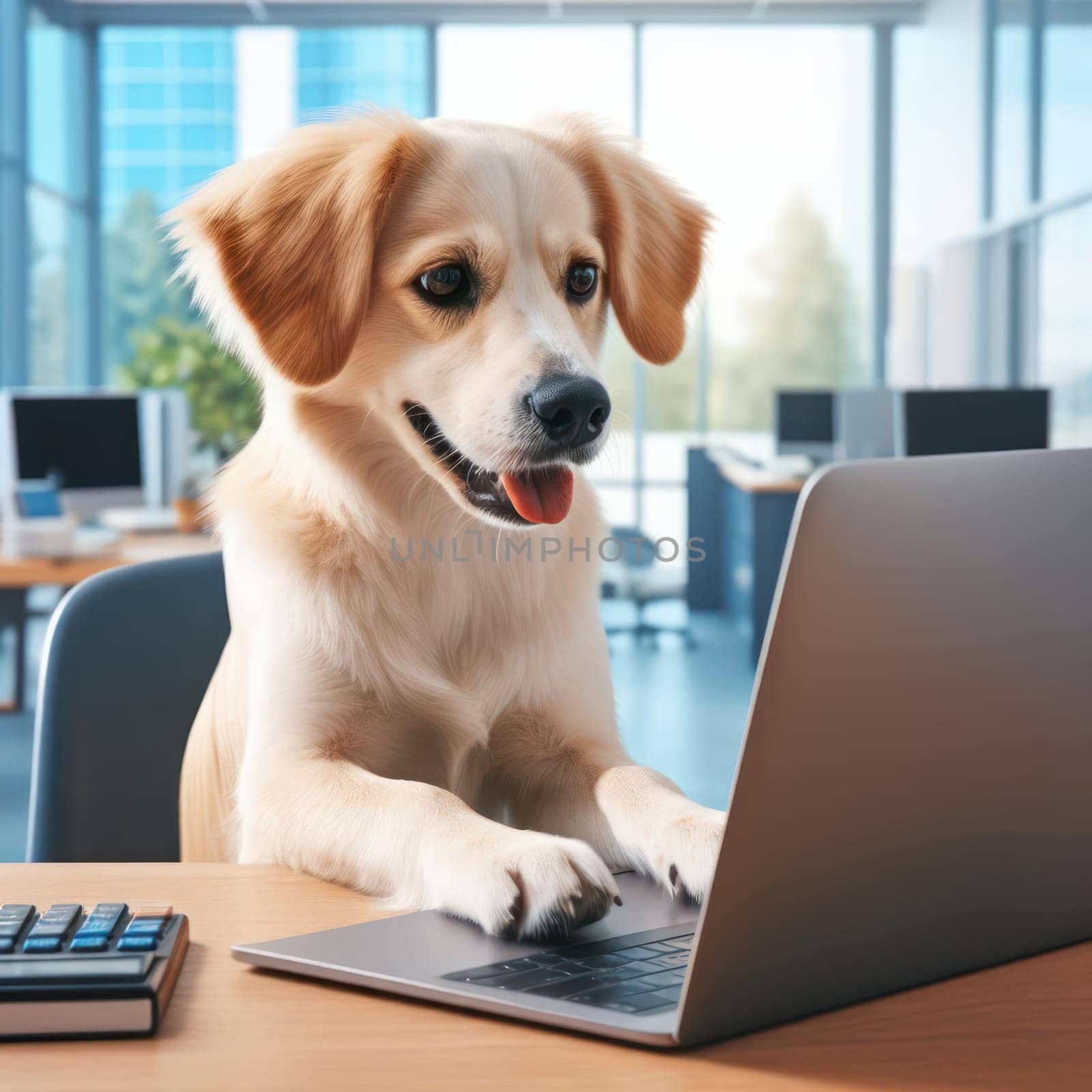 young golden retriever pup on their first day in the office generative ai