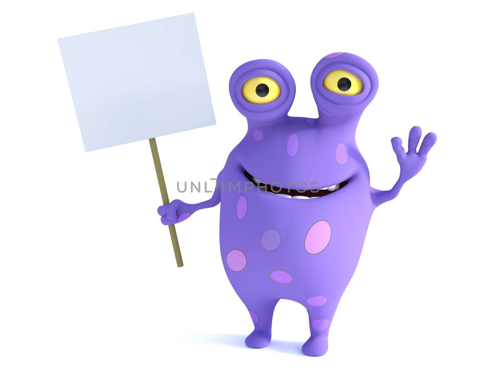 A cute charming cartoon monster holding a blank sign and waving its hand, looking very happy with a big smile. The monster is purple with big spots. White background.