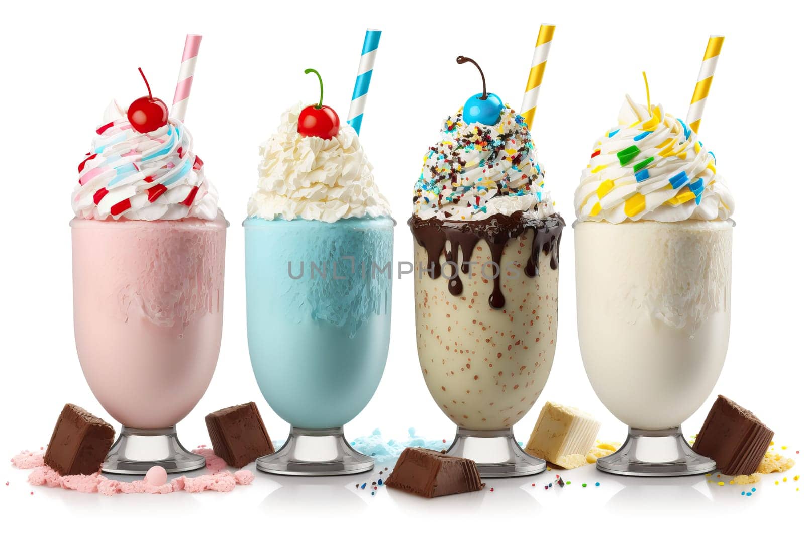 assortment of milkshakes with different flavors isolated on white background .Generative AI