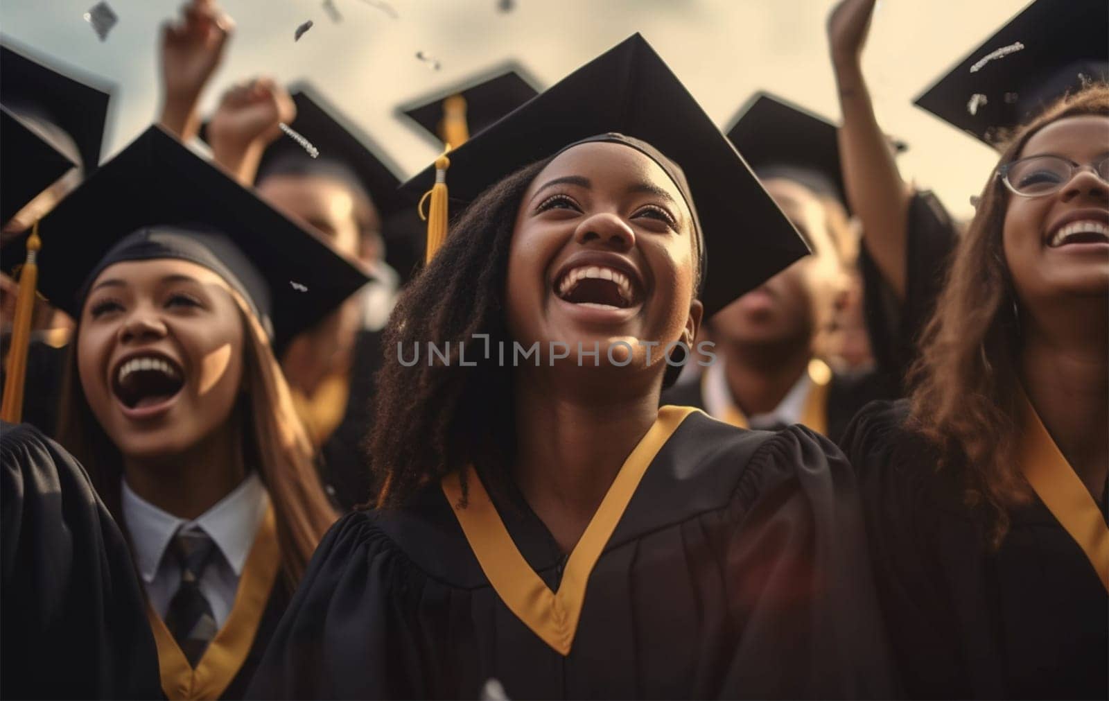 A group of joyful multiracial graduates toss their graduation hats into the air to celebrate the completion of their studies. education concept. Generative AI