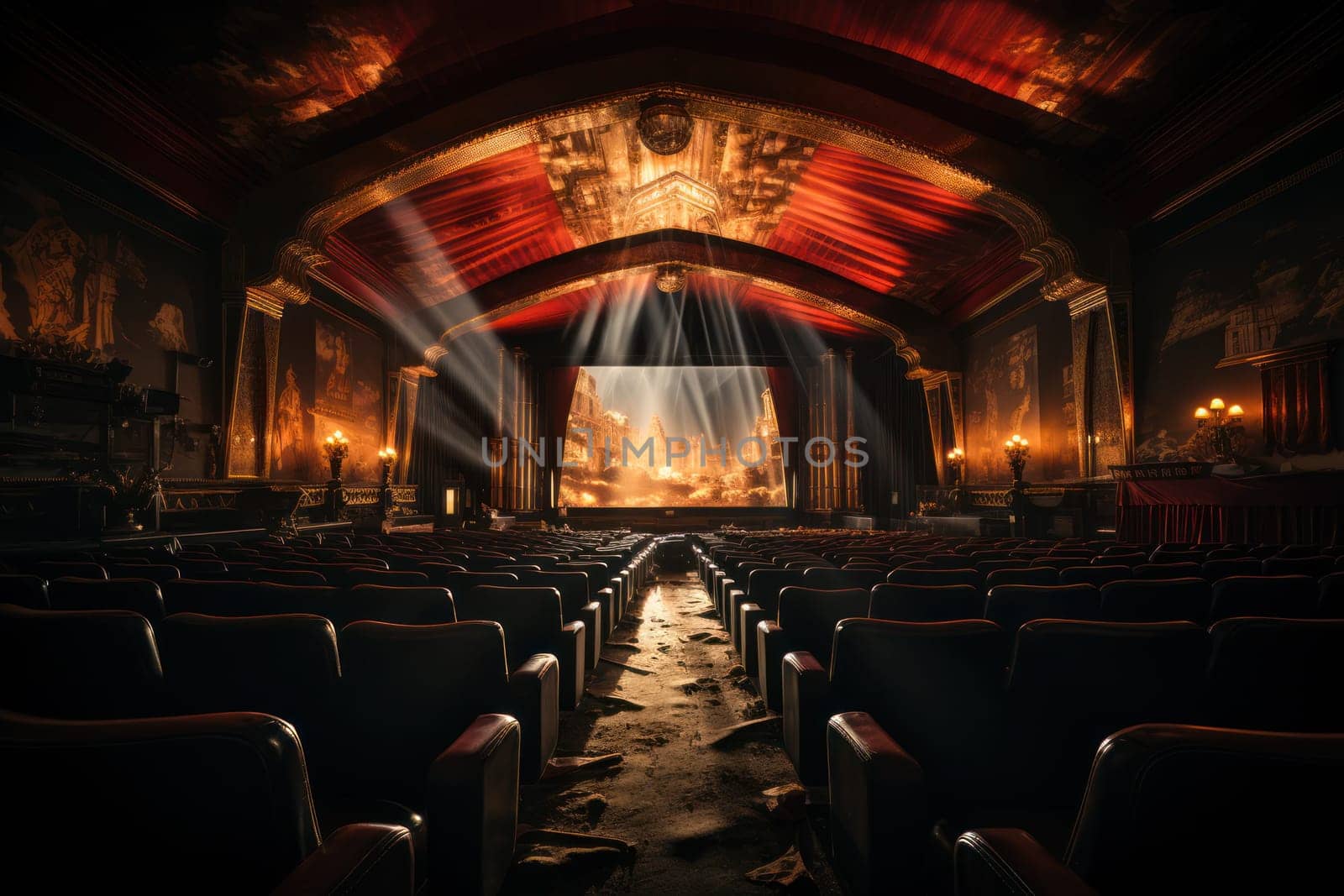 film on screen old retro cinema with red velvet walls and seats. mystical atmosphere. Generative AI