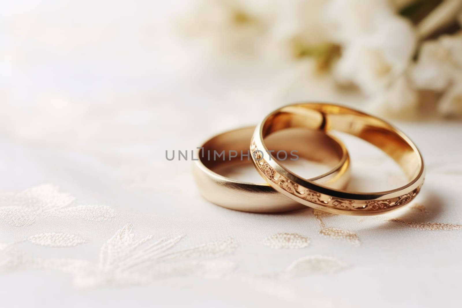 Wedding rings, close-up on a light silk fabric with flowers in the distance. postcard or invitation to the holiday.Generative AI