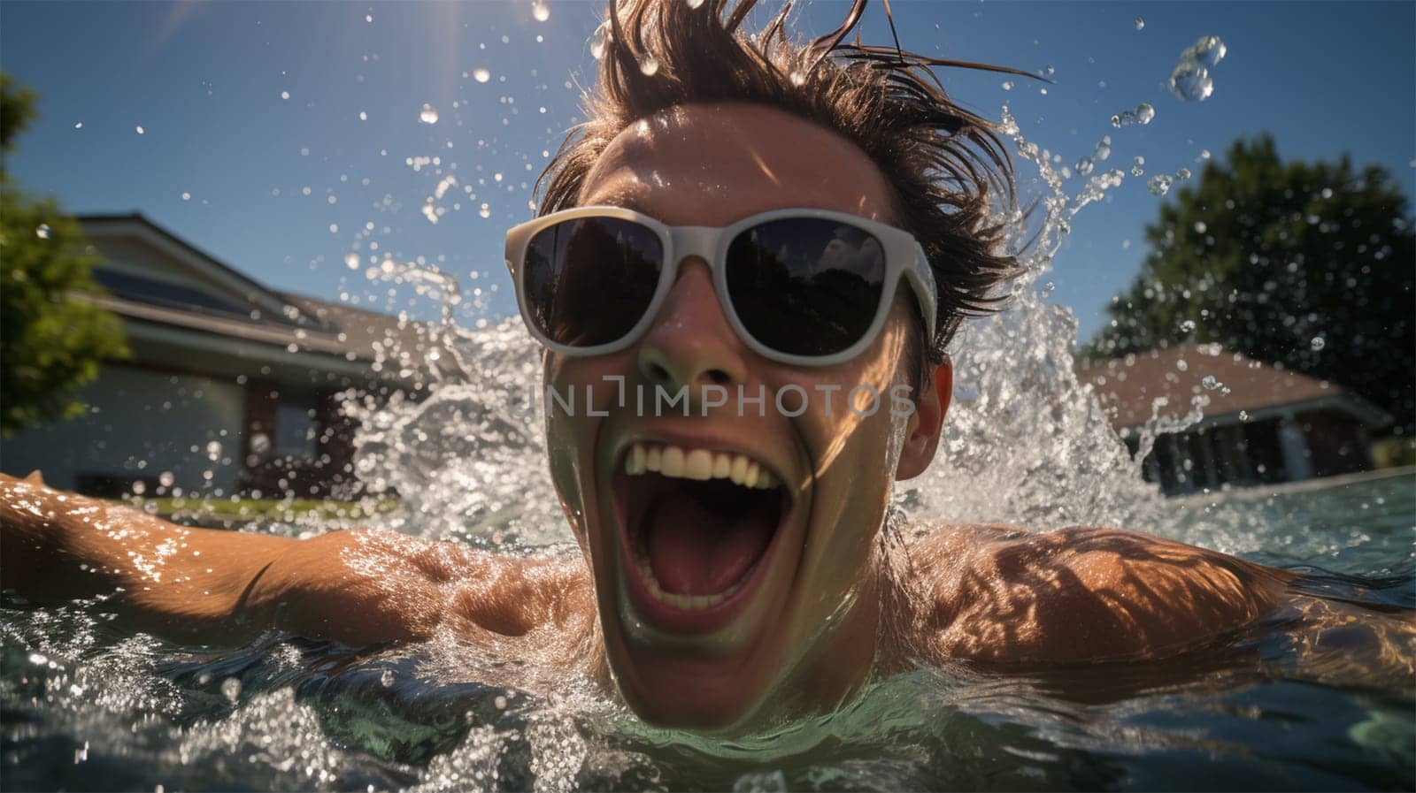 emotional portrait of a cheerful young man in glasses in the pool on a sunny day. vacation and travel concept. Generative AI