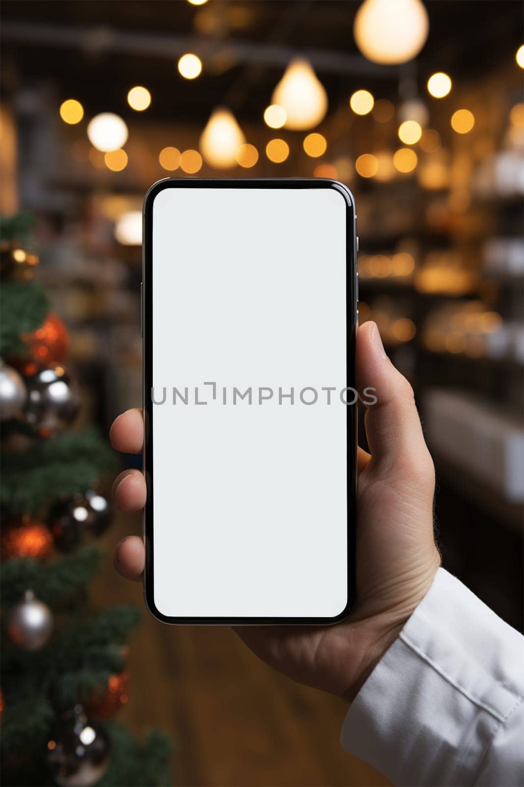 A hand holds a black smartphone with a blank screen on a Christmas background.copy space,mockup,Generative AI
