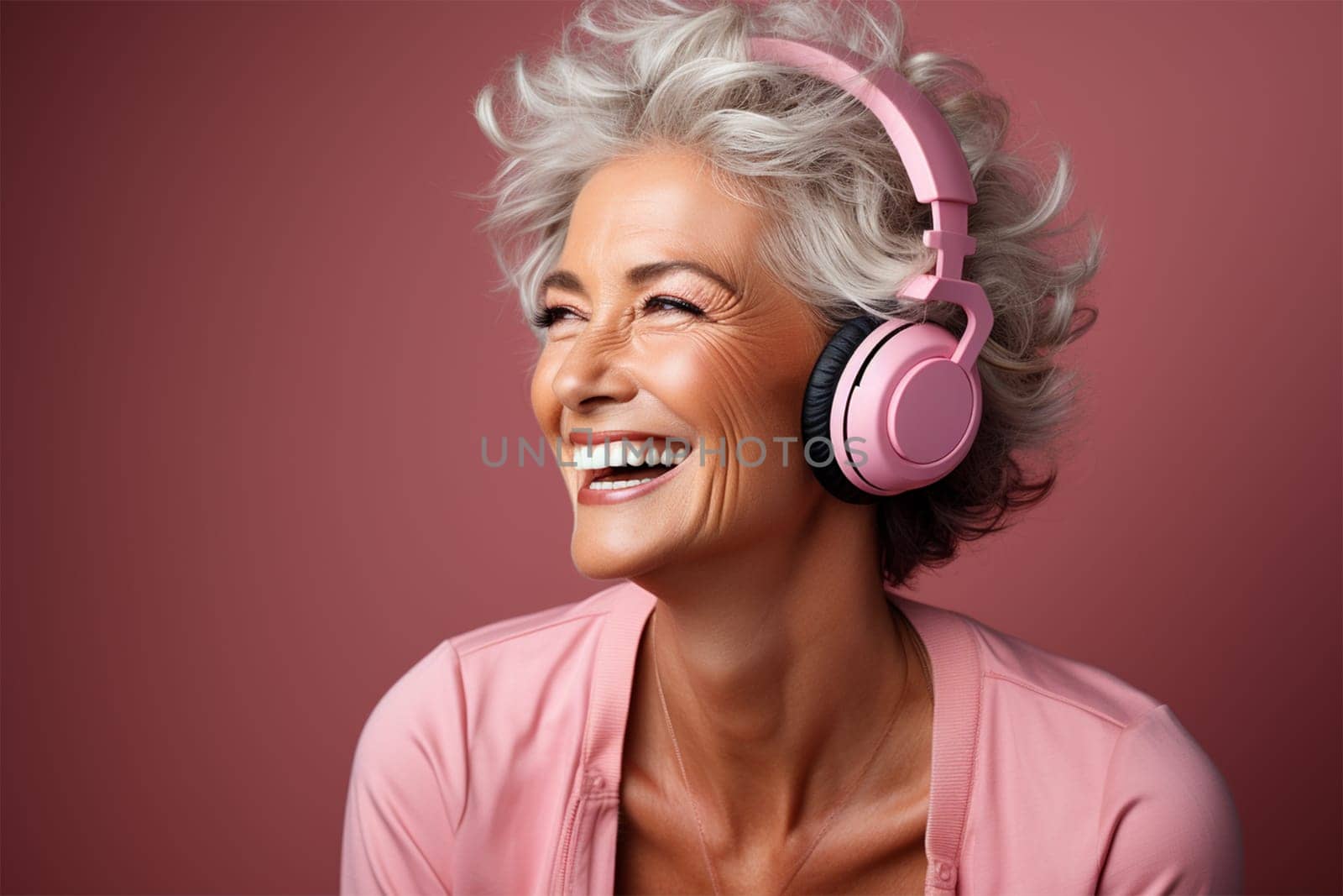 beautiful and cheerful gray-haired woman in pink clothes and headphones, on a color background.Generative AI
