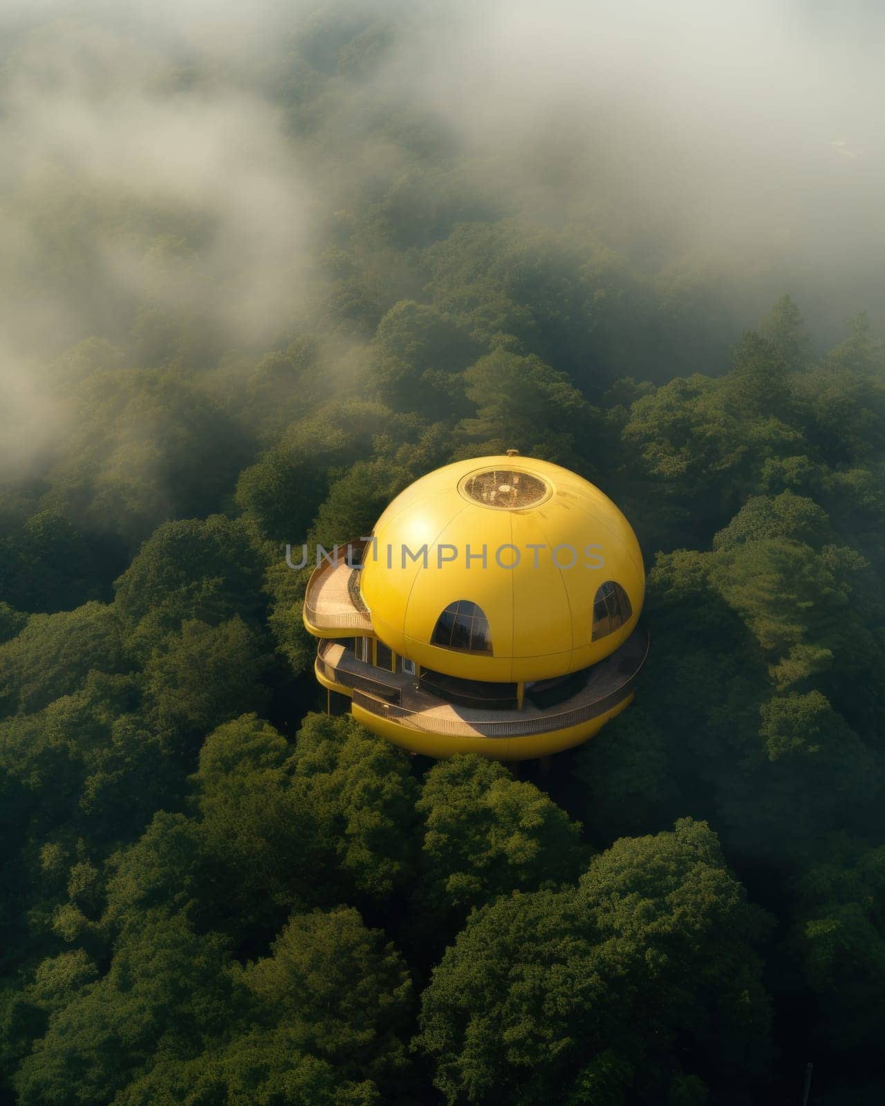 fantastic landscape with yellow eco-systems of houses of unusual shapes. settling hard-to-reach places.Generative AI