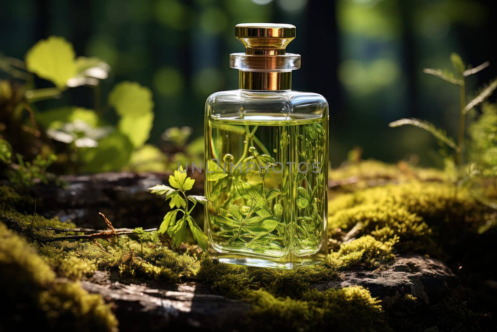 Glass bottle on stones and moss on nature background. natural cosmetics on herbs, aromatherapy and essential oils concept. Generative AI
