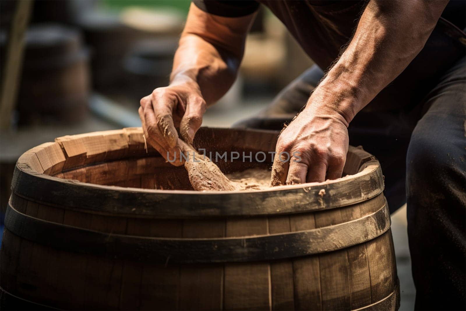 the hands of a master clean a barrel of clay after a flood. Generative AI