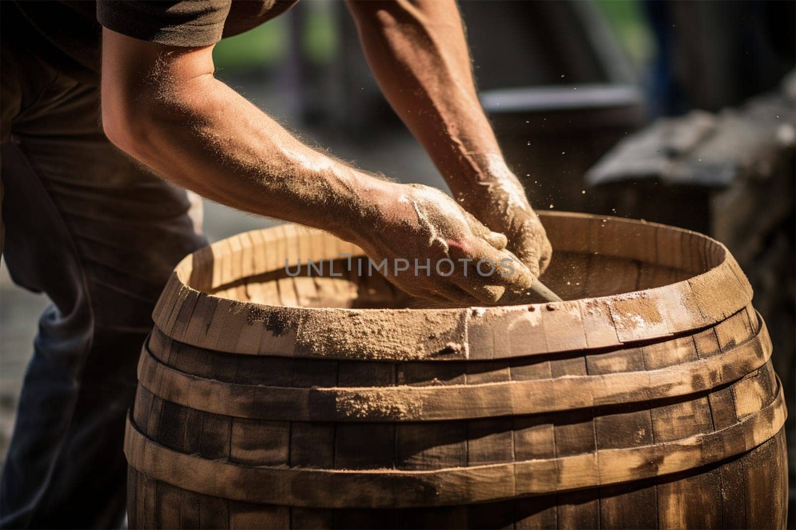 the hands of a master clean a barrel of clay after a flood. Generative AI