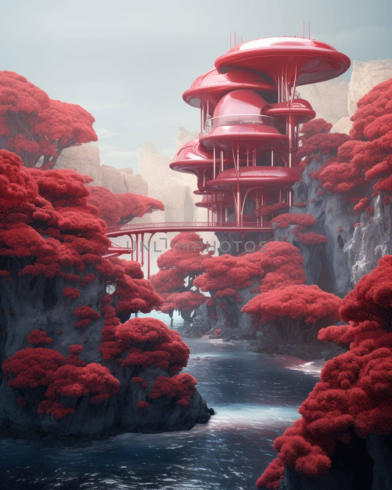 Spectacular eco-futuristic concept of mountain rock houses of a round shape. surreal landscape of an unknown planet.Generative AI