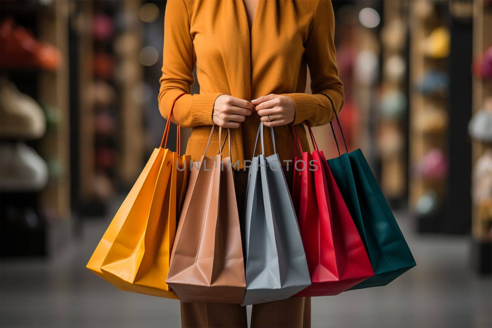 Young woman with shopping packages on defocused background. Generative AI