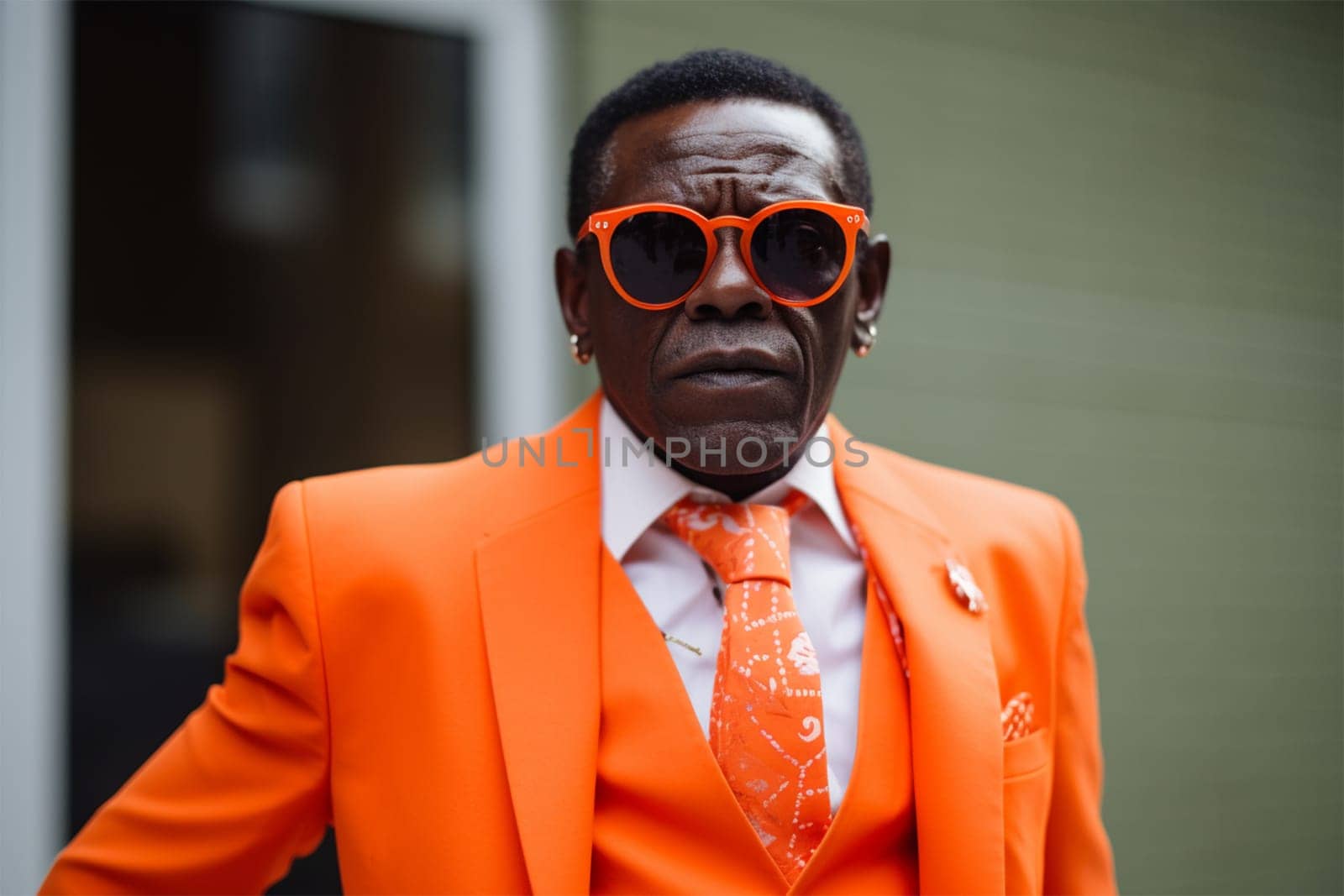 Street style clothes - fashionable stylish senior man in a bright extravagant orange suit on the street. fashion concept, blogger content,Generative AI