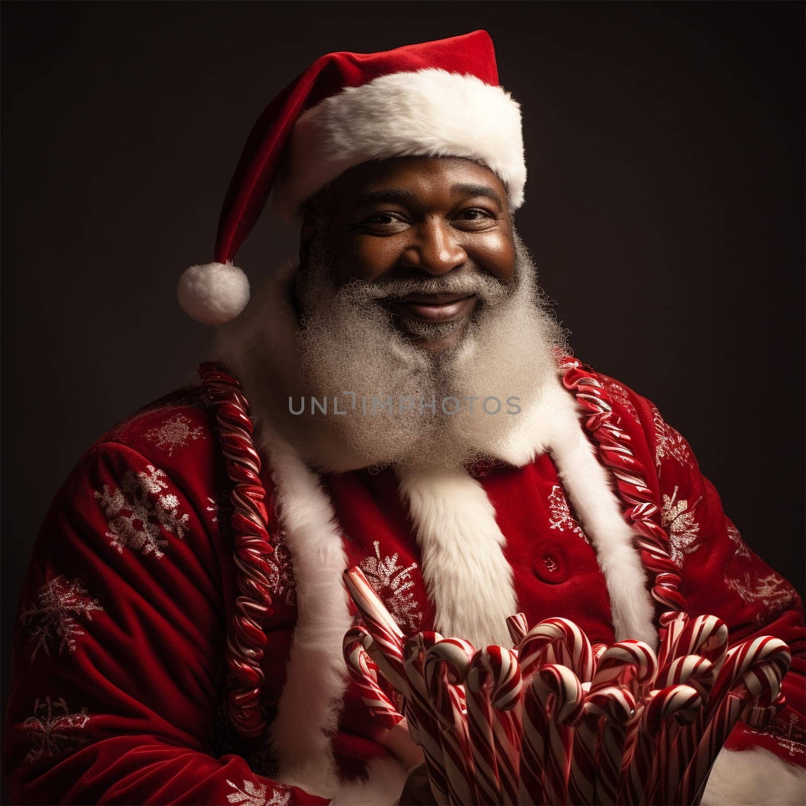 black african american male in a Santa Claus costume sits on a chair with Christmas candy in his hands. Christmas and new year concept.Generative AI