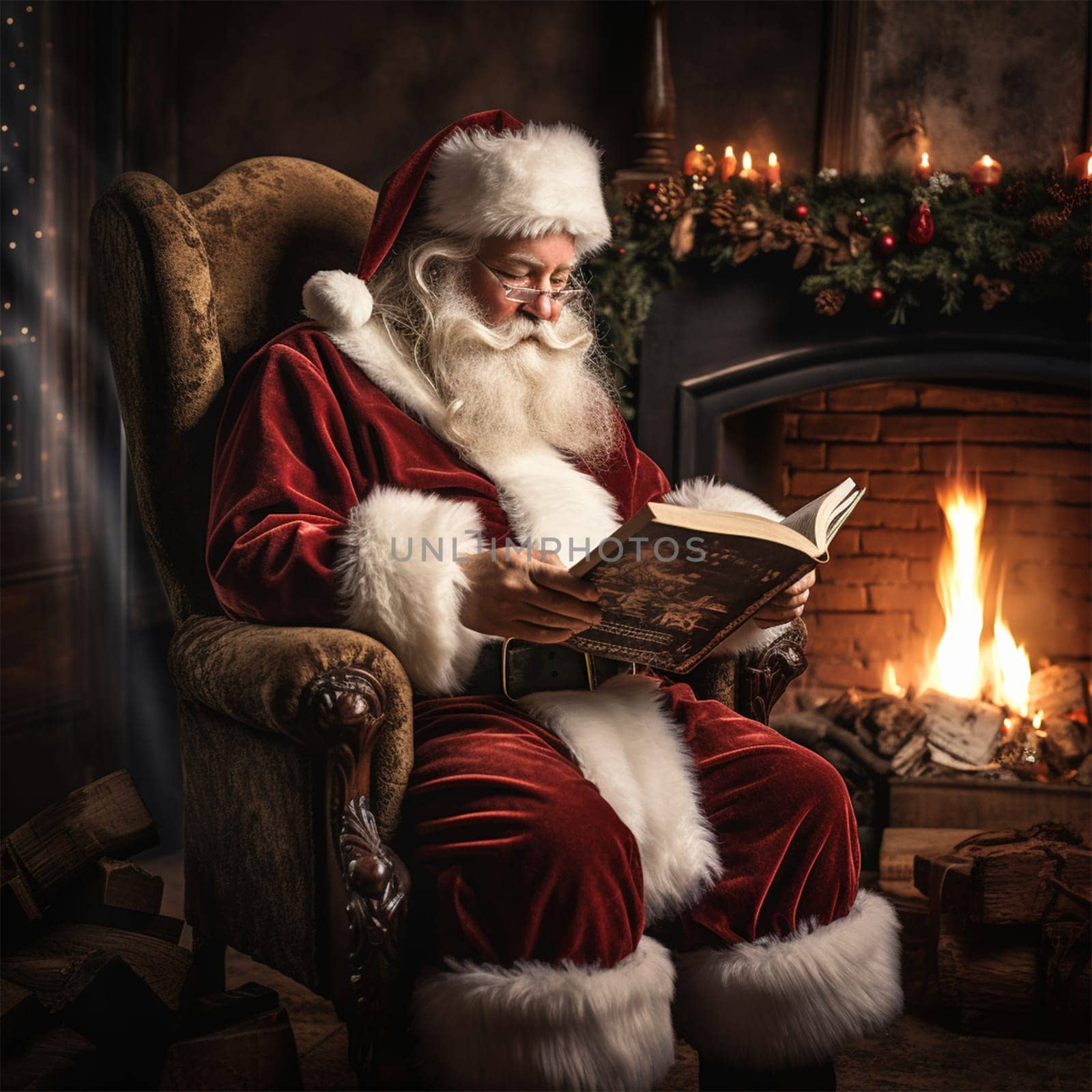 Santa Claus reads a book in a room with a fireplace, decorated for Christmas. Christmas and New Year concept.Generative AI