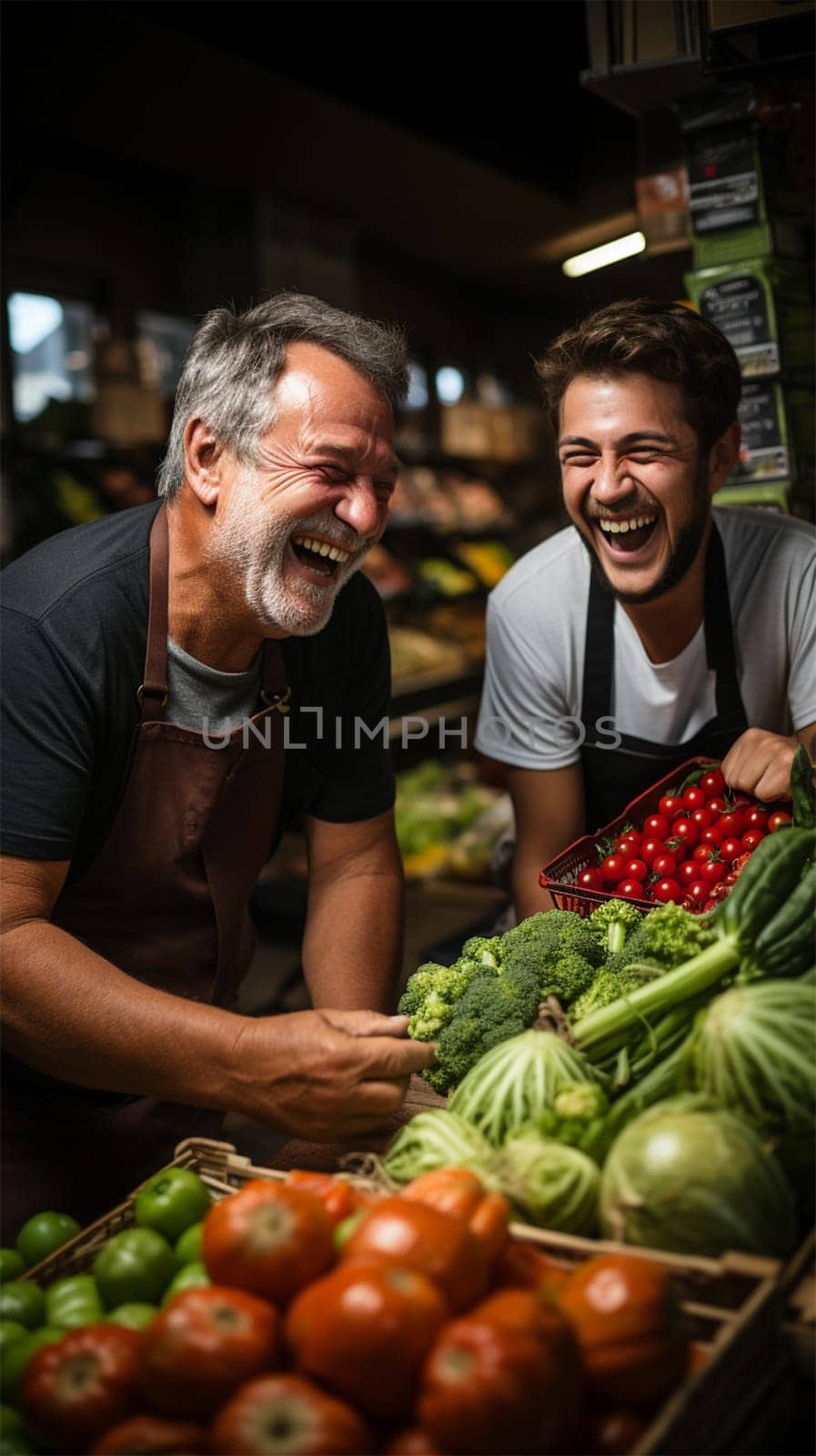 Farmer's market vendors laugh as they lay out vegetables on the counter. Generative AI