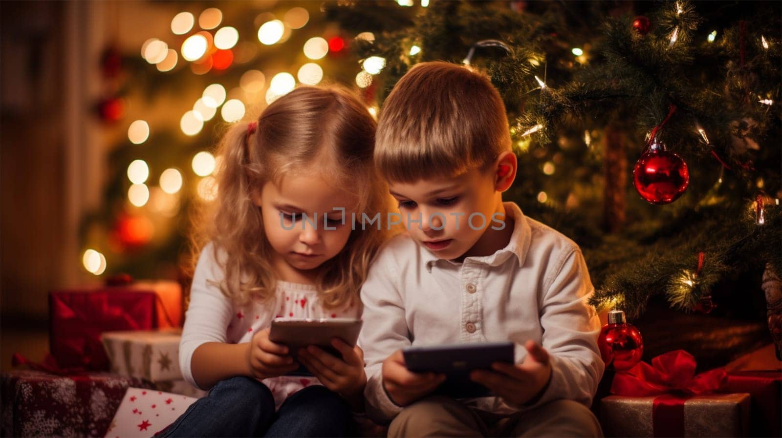 Children look at the screens of electronic devices with interest while sitting under the Christmas tree. Christmas and New Year holiday concept. gifts for Christmas.Generative AI