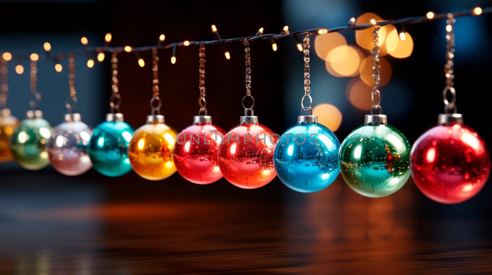 Multicolored Christmas baubles and led lights on a dark background. Christmas decoration theme. AI generated