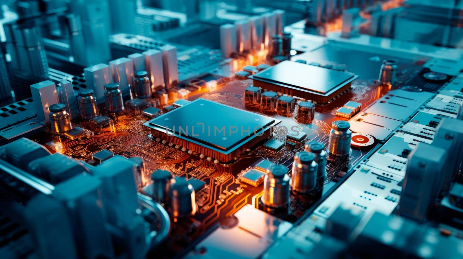 Close-up  of microchip, CPU processor on printed circuit board. Computer motherboard with components inside of electronic device. AI generated