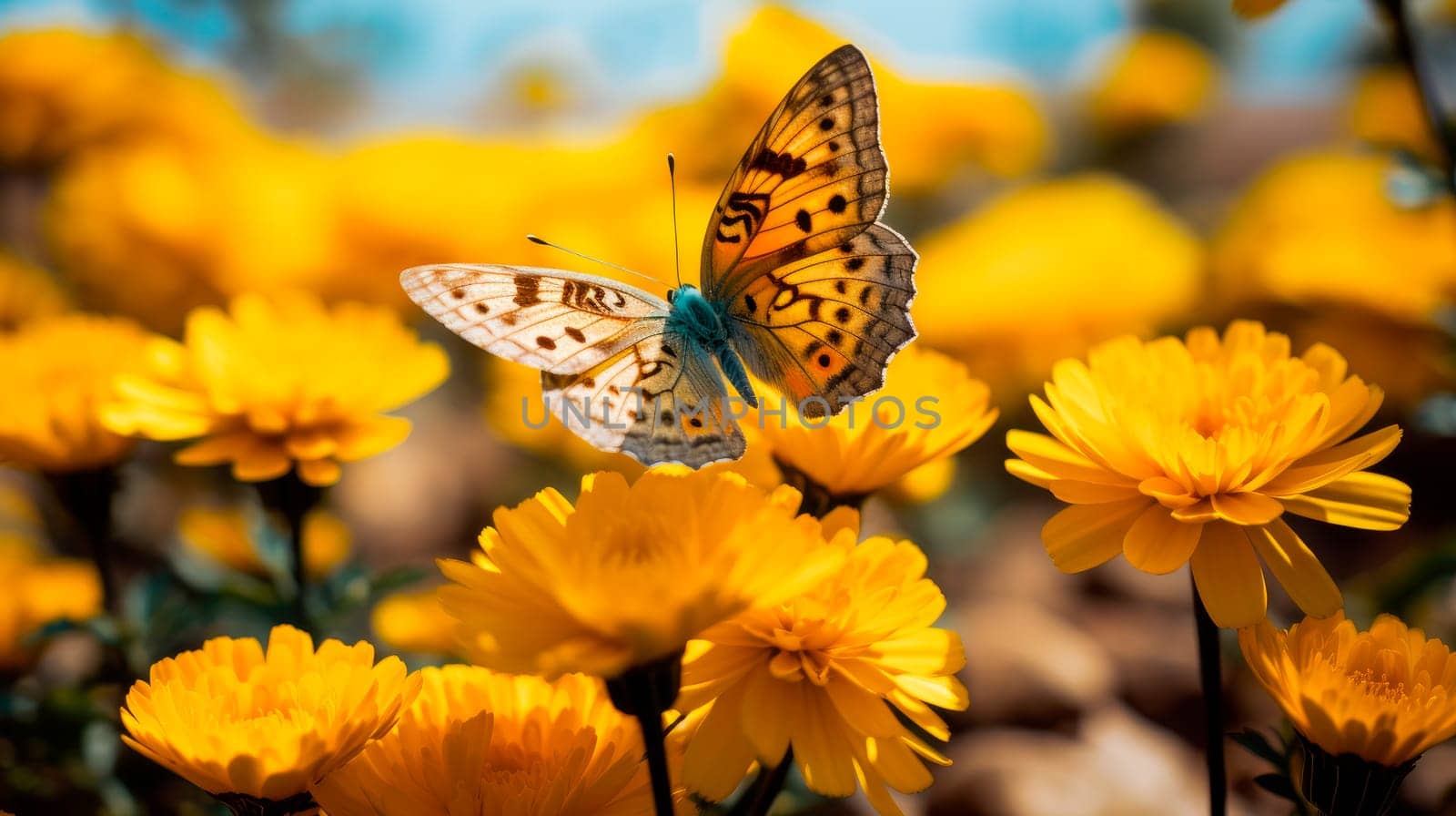 Butterfly fly around yellow flower field with sunlight. AI generated