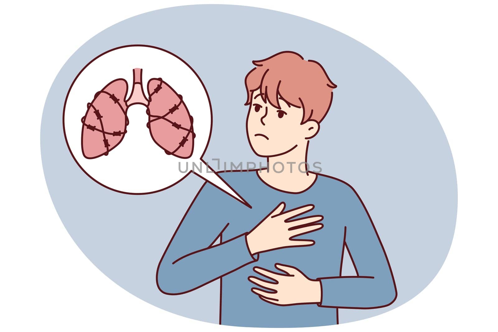 Unhealthy man suffer from lungs disease need medical help. Unwell male struggle with breathing disease. Healthcare concept. Vector illustration.