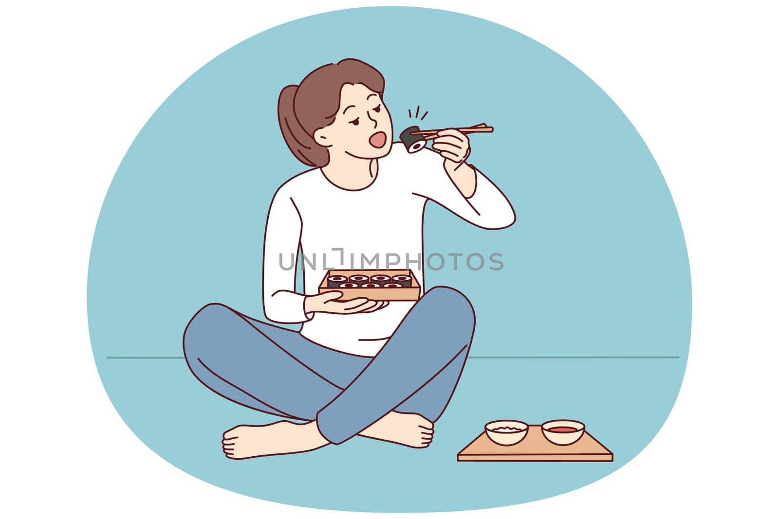 Happy young woman sit on floor eating sushi with chopsticks. Millennial female enjoy traditional Japanese food at home. Cuisine concept. Vector illustration.
