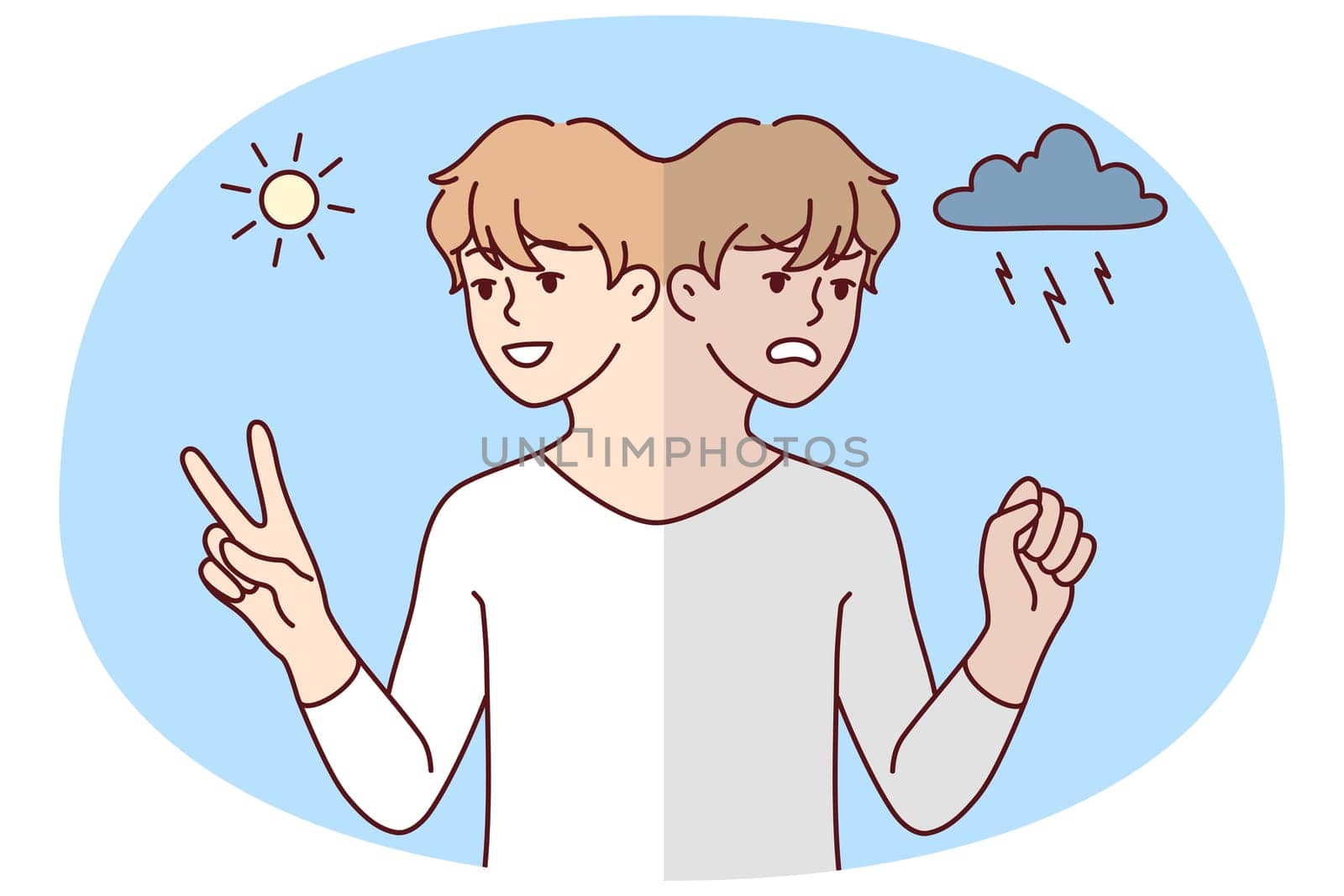 Young man in different mood suffer from mental or psychological problem. Mad and happy male mood swings. Bipolar disorder. Vector illustration.