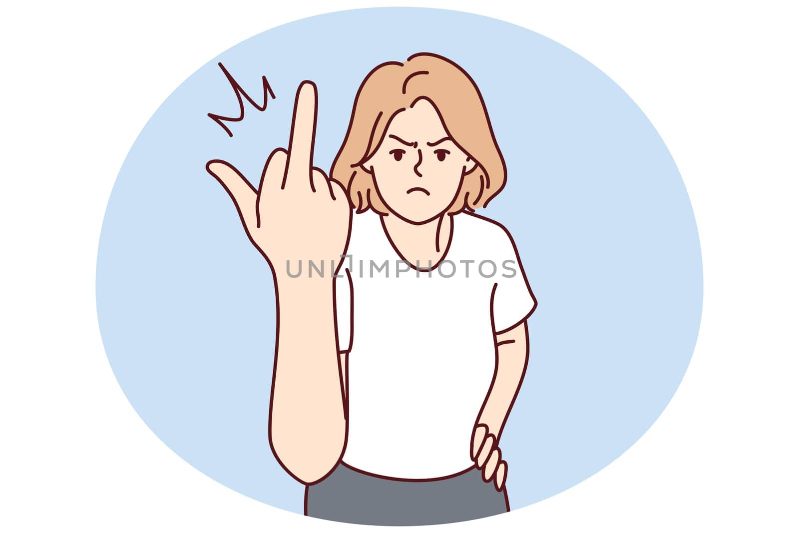 Furious young woman show fuck you gesture. Angry girl demonstrate middle finger. Nonverbal communication. Vector illustration.