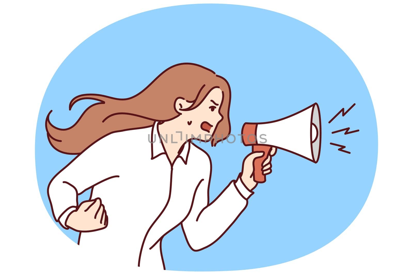 Furious young woman hold megaphone scream loud. Angry girl shout in loudspeaker make announcement lose control. Vector illustration.