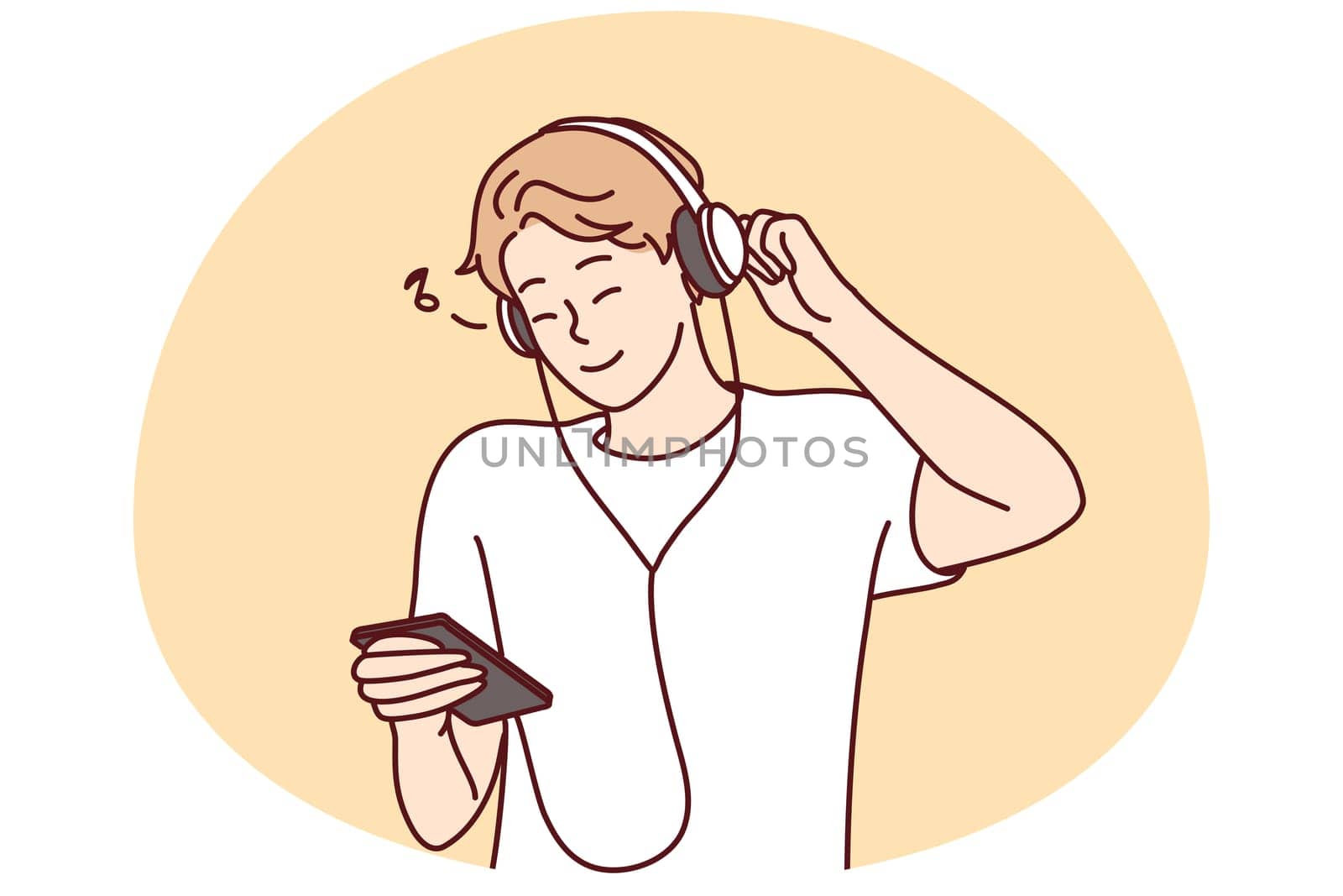 Smiling young man in headphones listen to music on cellphone. Happy millennial guy in earphones enjoy good quality sound on smartphone. Vector illustration.