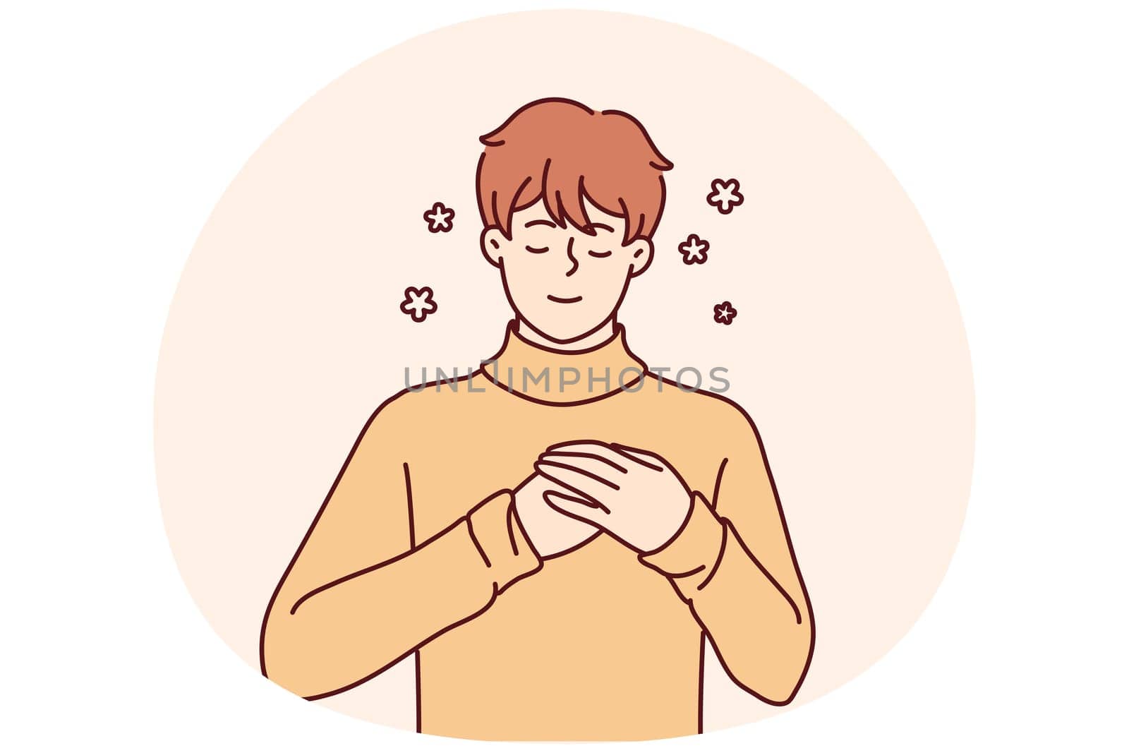 Happy young man with hands on chest feel positive and optimistic. Smiling guy enjoy good mental health and recovery. Vector illustration.