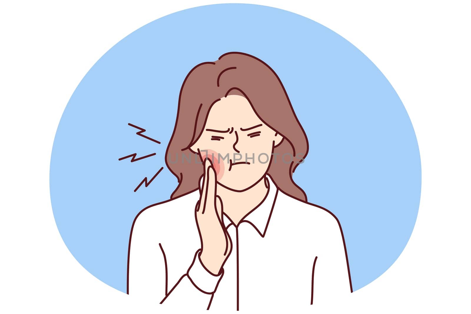 Unhappy woman touch cheek suffer from toothache have decay or caries. Unwell girl struggle with painful feeling having dental ache. Oral care concept. Vector illustration.
