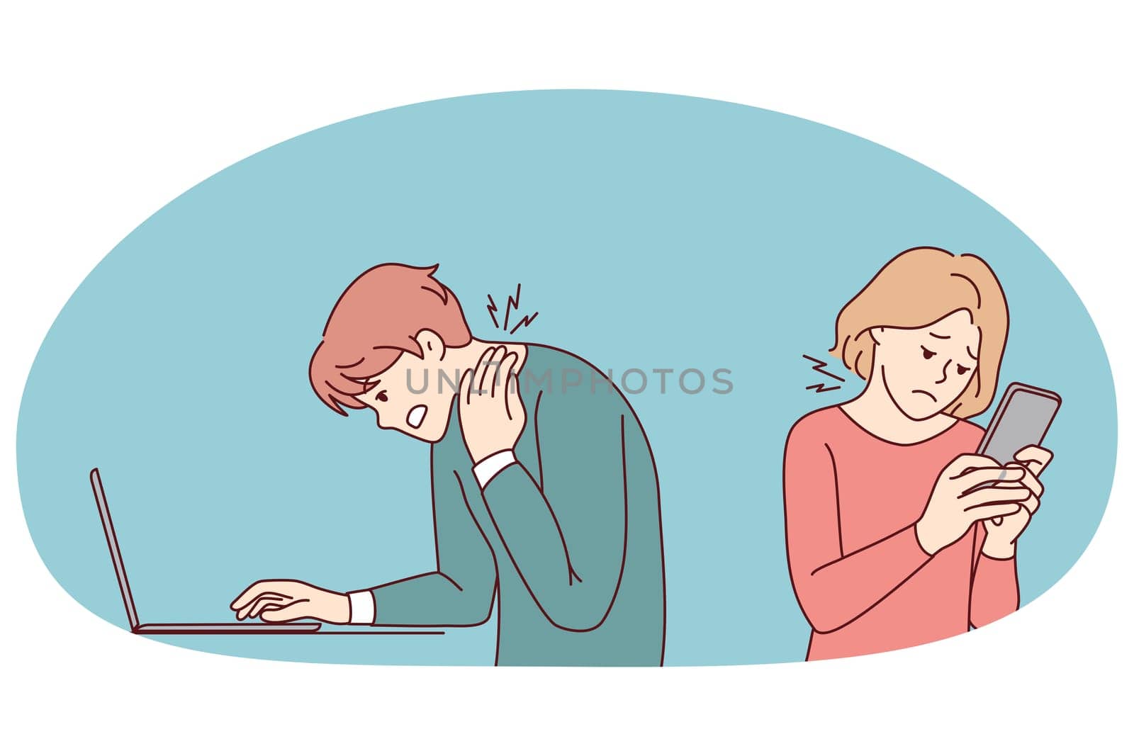 People working on gadgets suffer from neck problems. Users addicted with devices struggle with backache or spinal spasm. Sedentary position problem. Vector illustration.