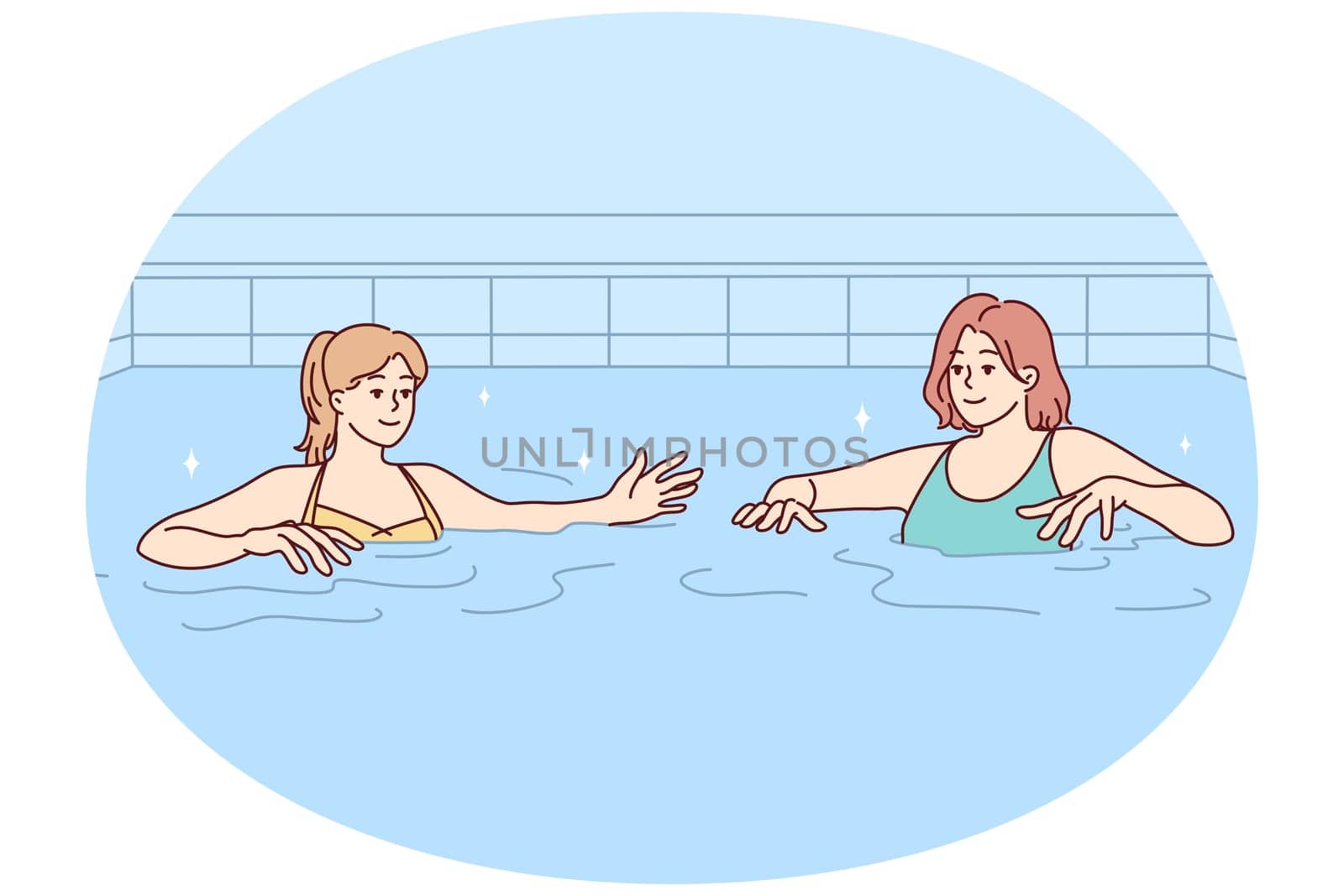 Women in swimsuits have fun in swimming pool together. Female friends in bikini swim in water in indoor pool. Hobby and recreation. Vector illustration.