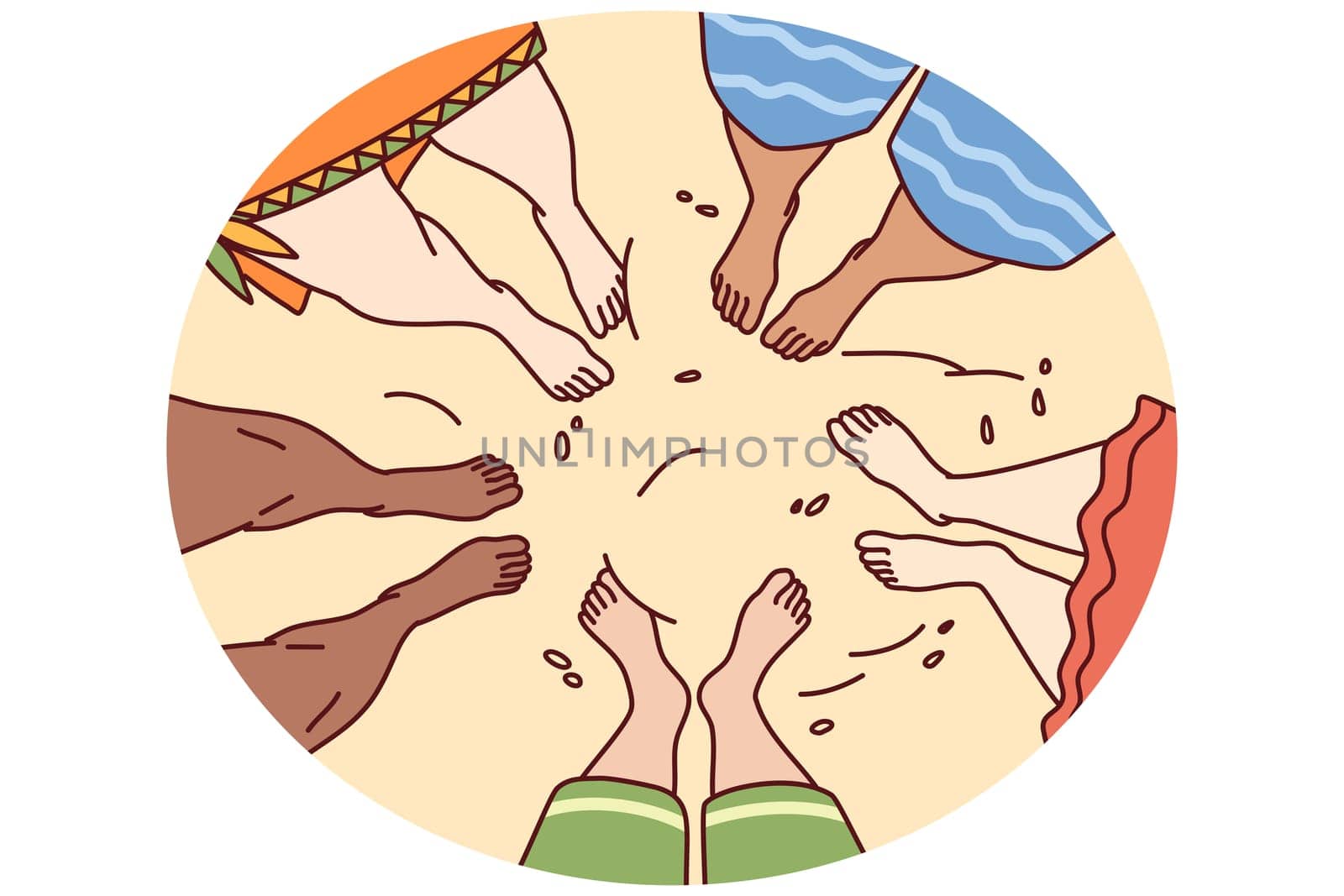 Diverse people legs on sand beach. Multiracial friends feet on seashore in summer. Vacation and travel. Vector illustration.