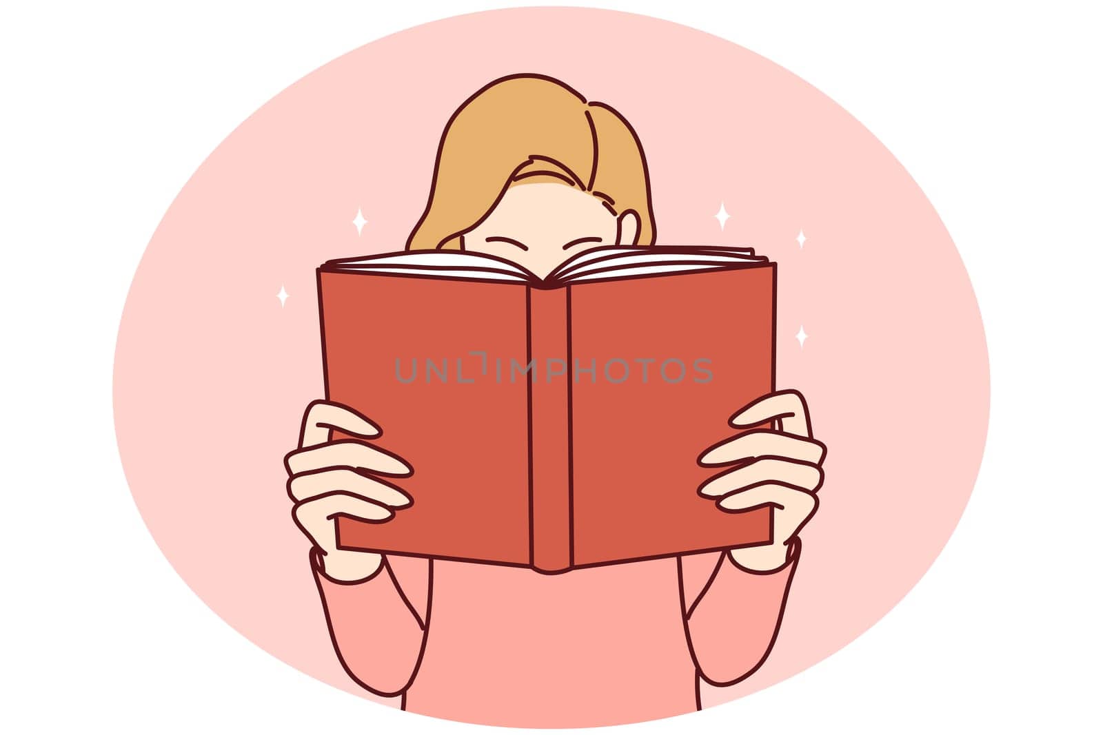 Young woman with book enjoy reading. Engaged girl with textbook lost in literature. Bookworm and hobby. Vector illustration.