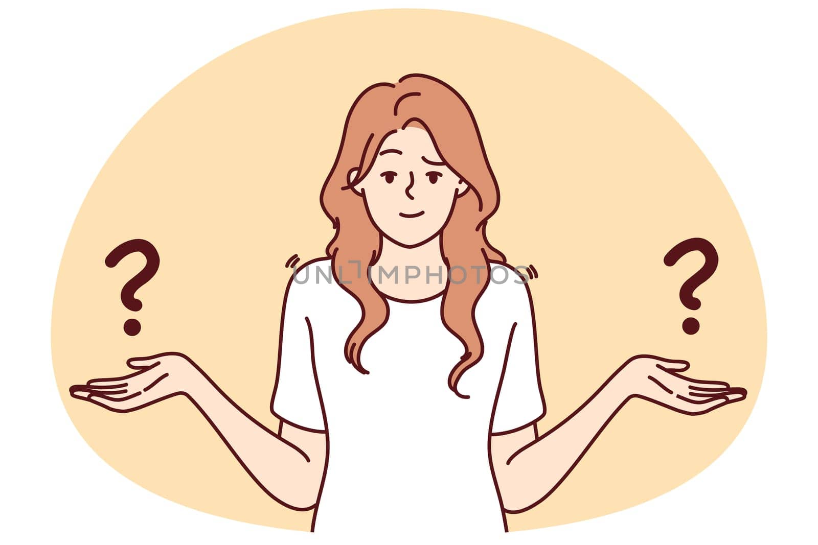 Confused woman feel frustrated making choice or decision. Distressed female have dilemma deciding or choosing. Vector illustration.