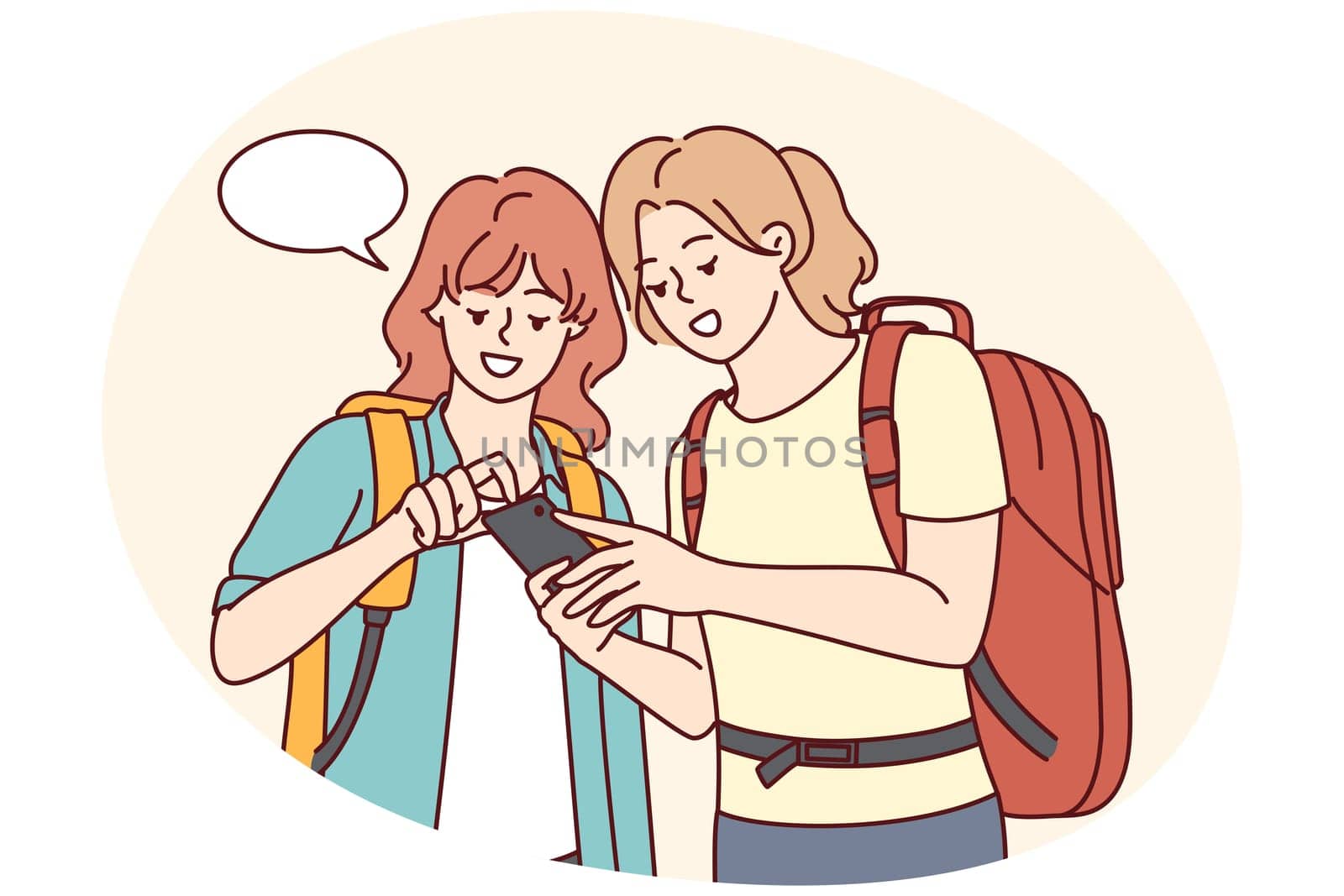 Happy girls travelers with backpacks looking at map on smartphone. Smiling female tourists using cellphone GPS in trip. Travel and technology. Vector illustration.