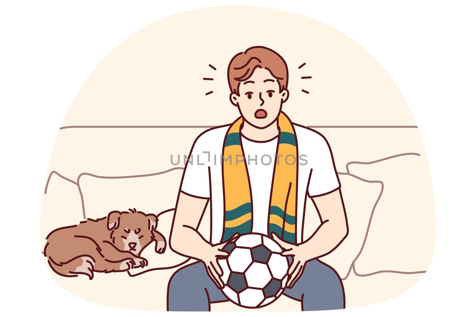 Young man sit on couch watching football game at home. Male sport fan with ball in hands enjoy match indoors. Vector illustration.