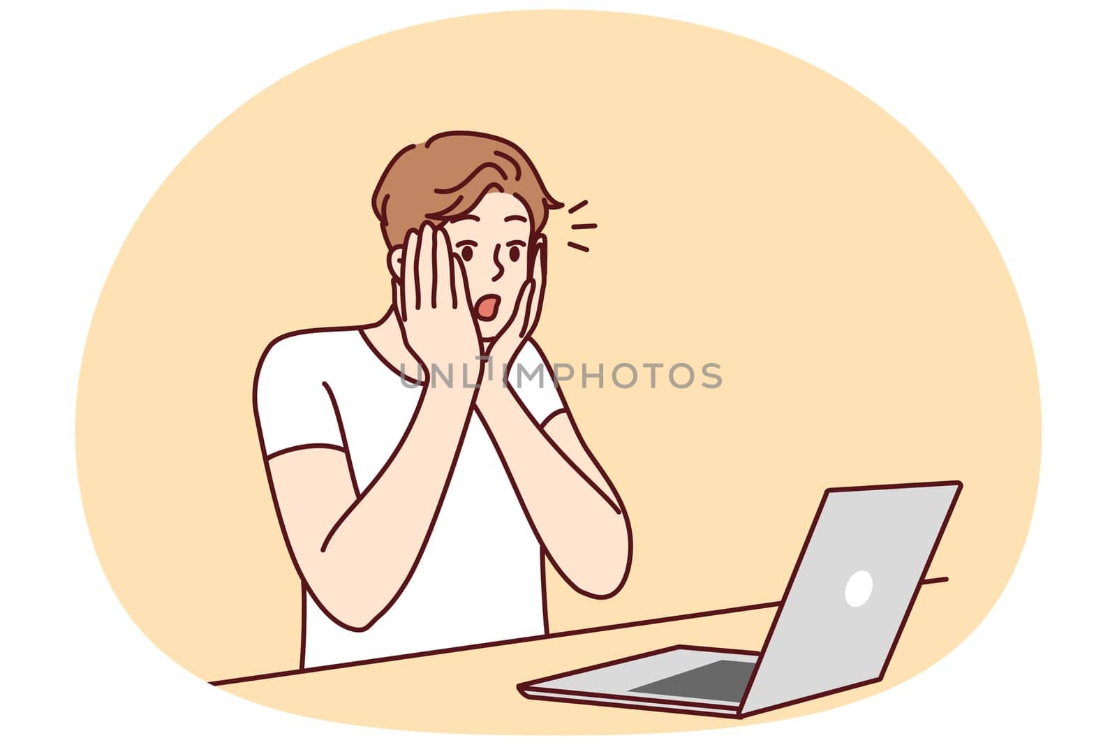 Stunned man look at laptop shocked by news online. Amazed guy surprised by unbelievable message on computer screen. Vector illustration.