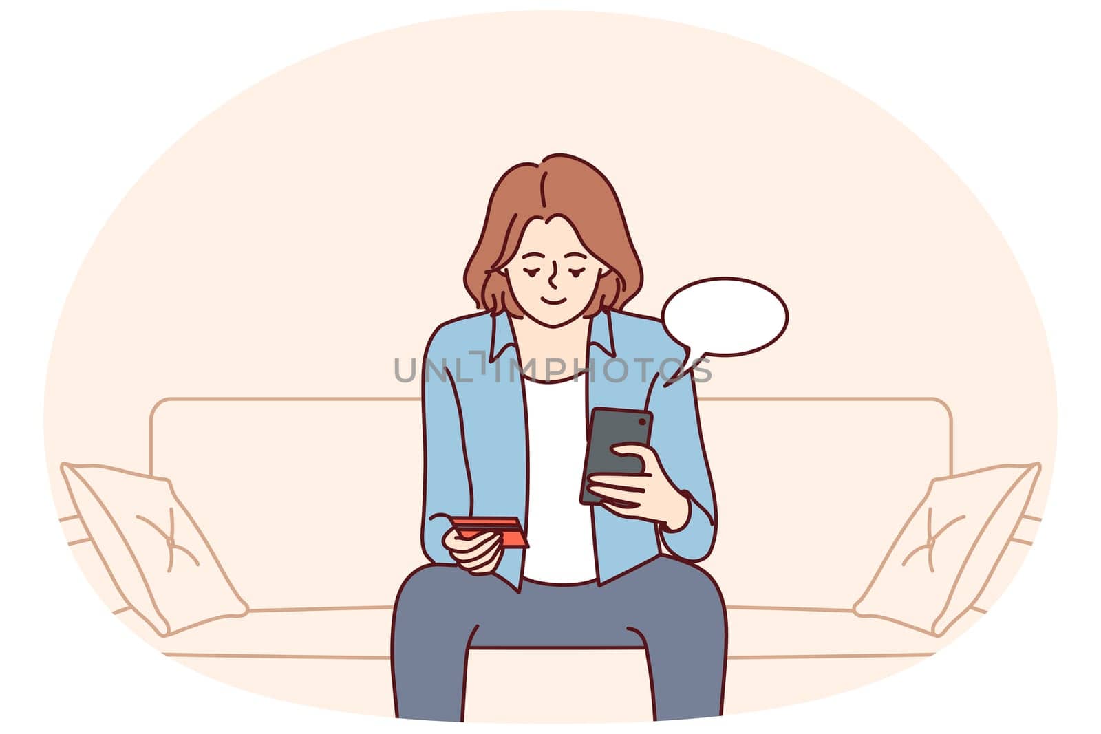Young woman sit on sofa at home buying online on cellphone pay with credit card. Smiling girl shopping pay on smartphone with application. Vector illustration.