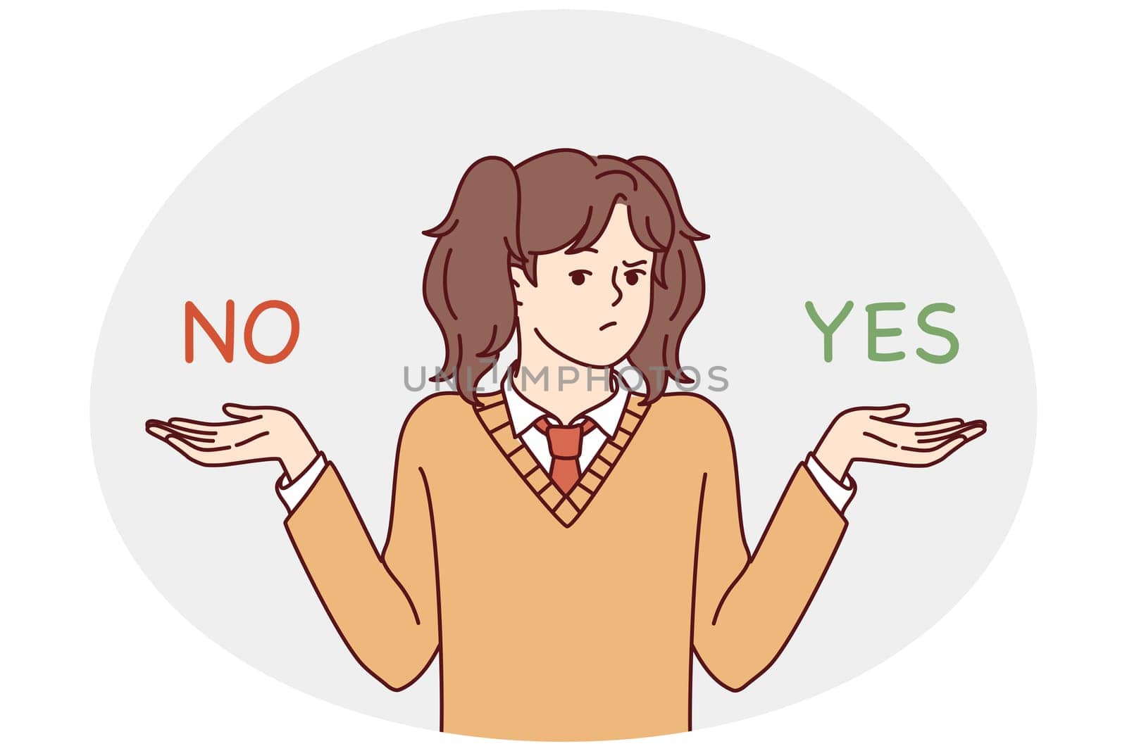 Confused millennial girl make choice between yes and no. Frustrated child feeling dilemma choosing deciding. Vector illustration.